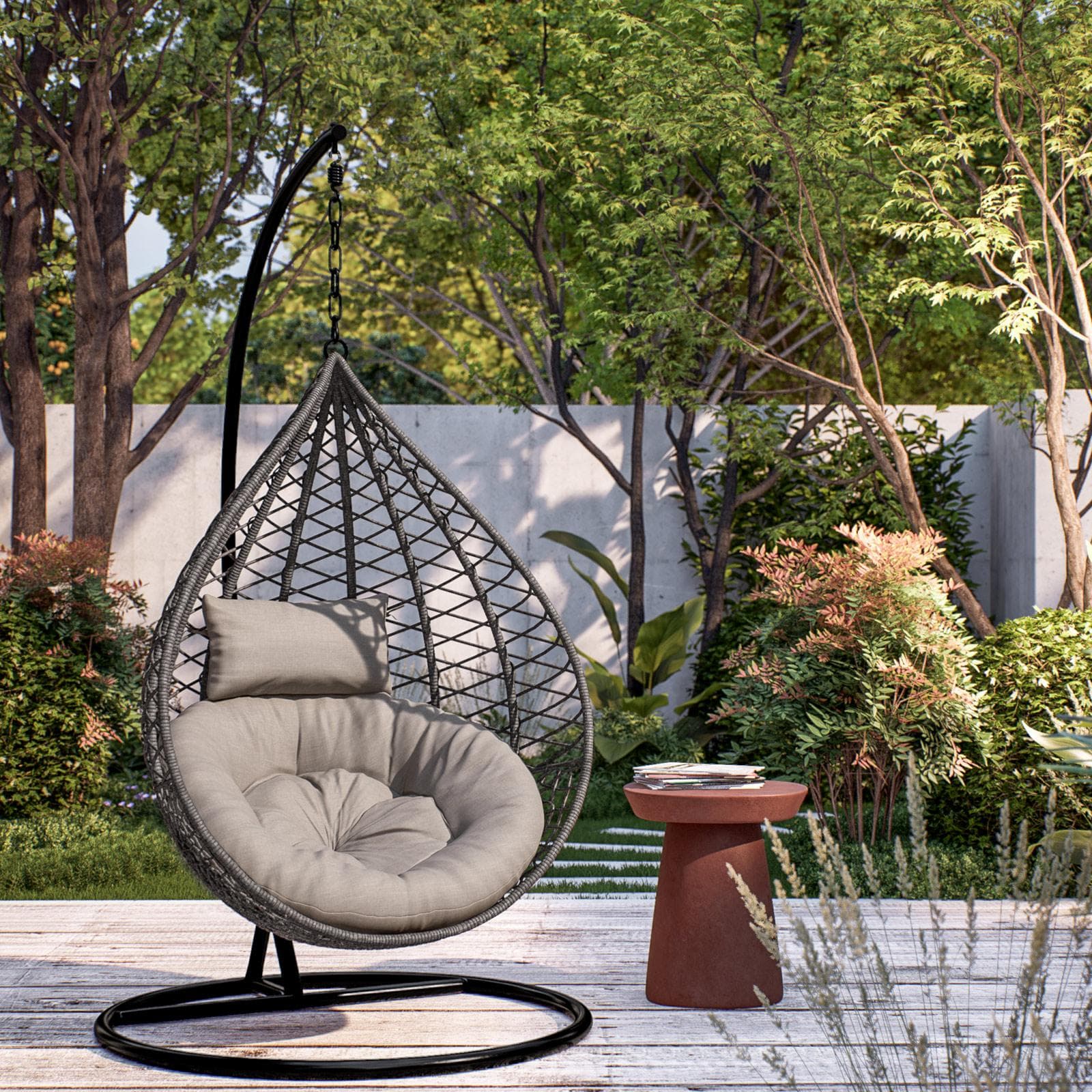 Poltrona sospesa in polyrattan grigio con cuscino e supporto - Bouvet
