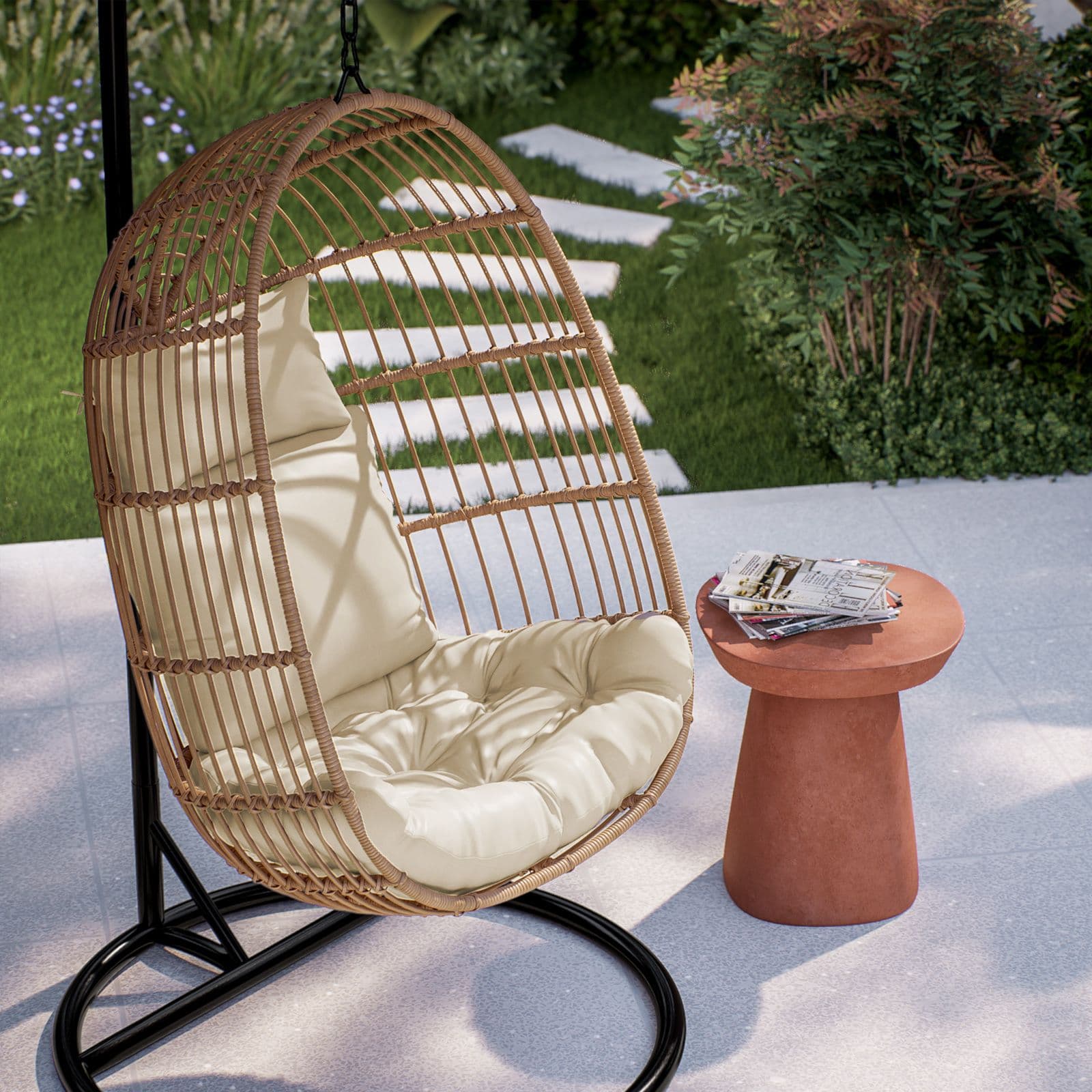 Poltrona sospesa in polyrattan naturale con cuscino e supporto - Tristan