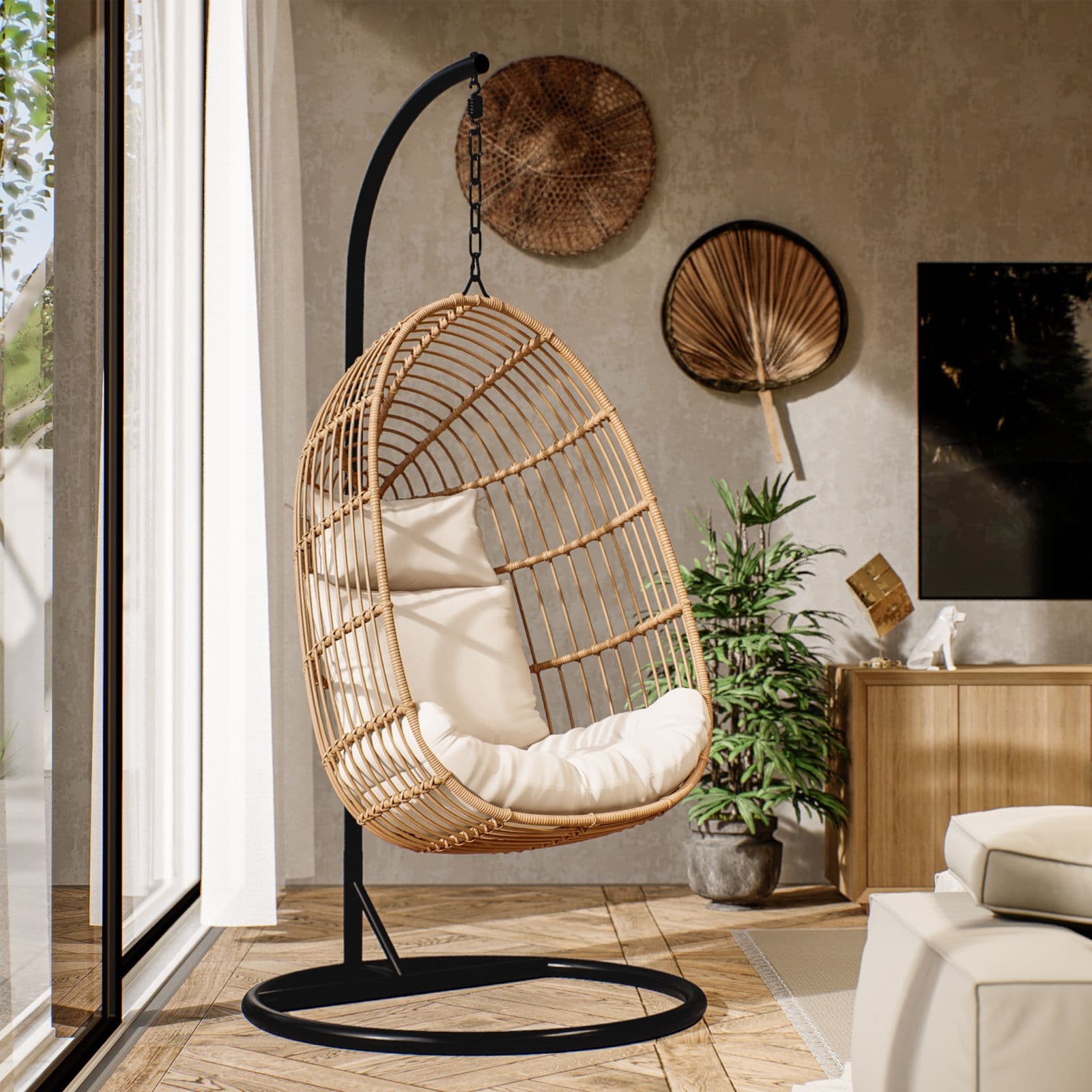 Poltrona sospesa in polyrattan naturale con cuscino e supporto - Tristan