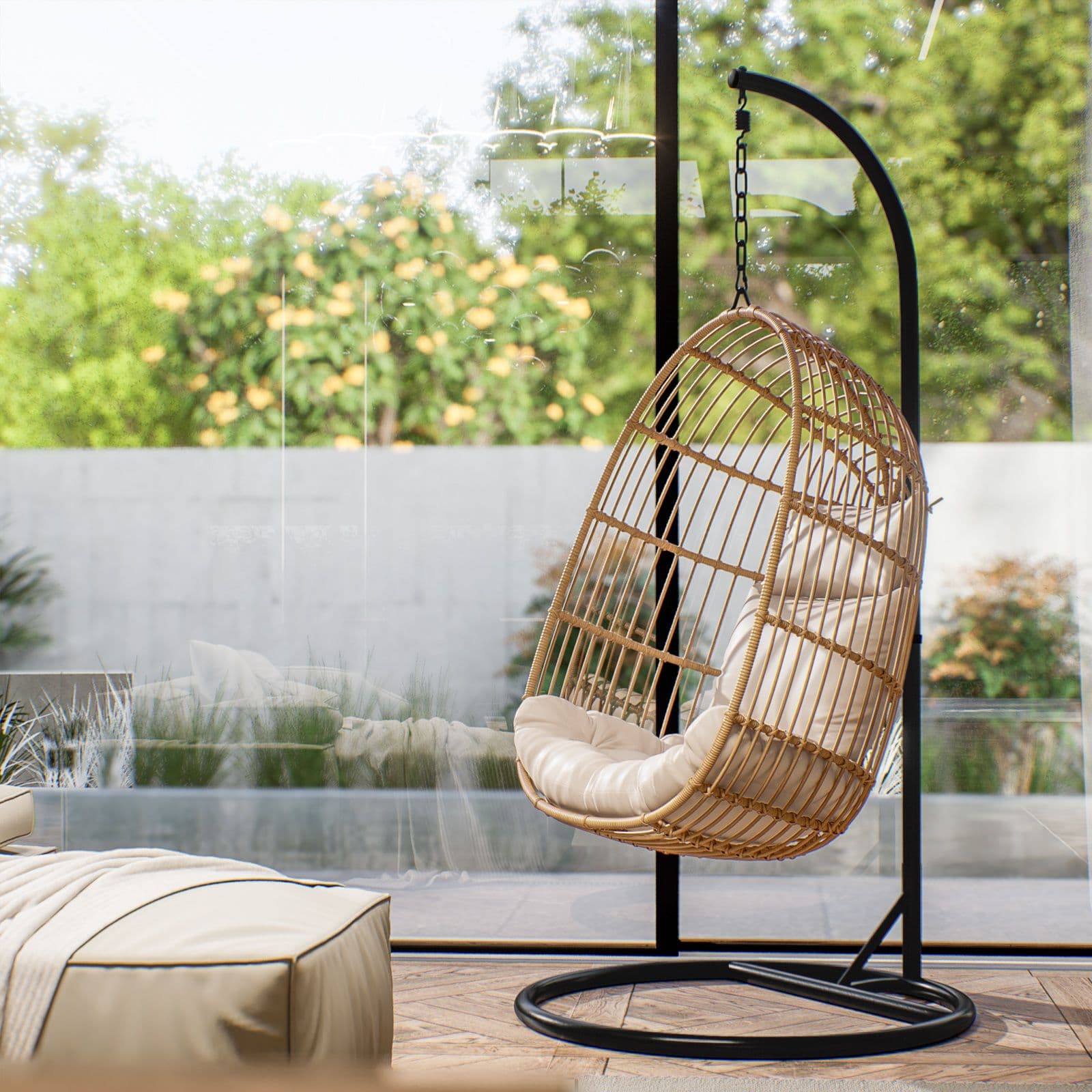 Poltrona sospesa in polyrattan naturale con cuscino e supporto - Tristan
