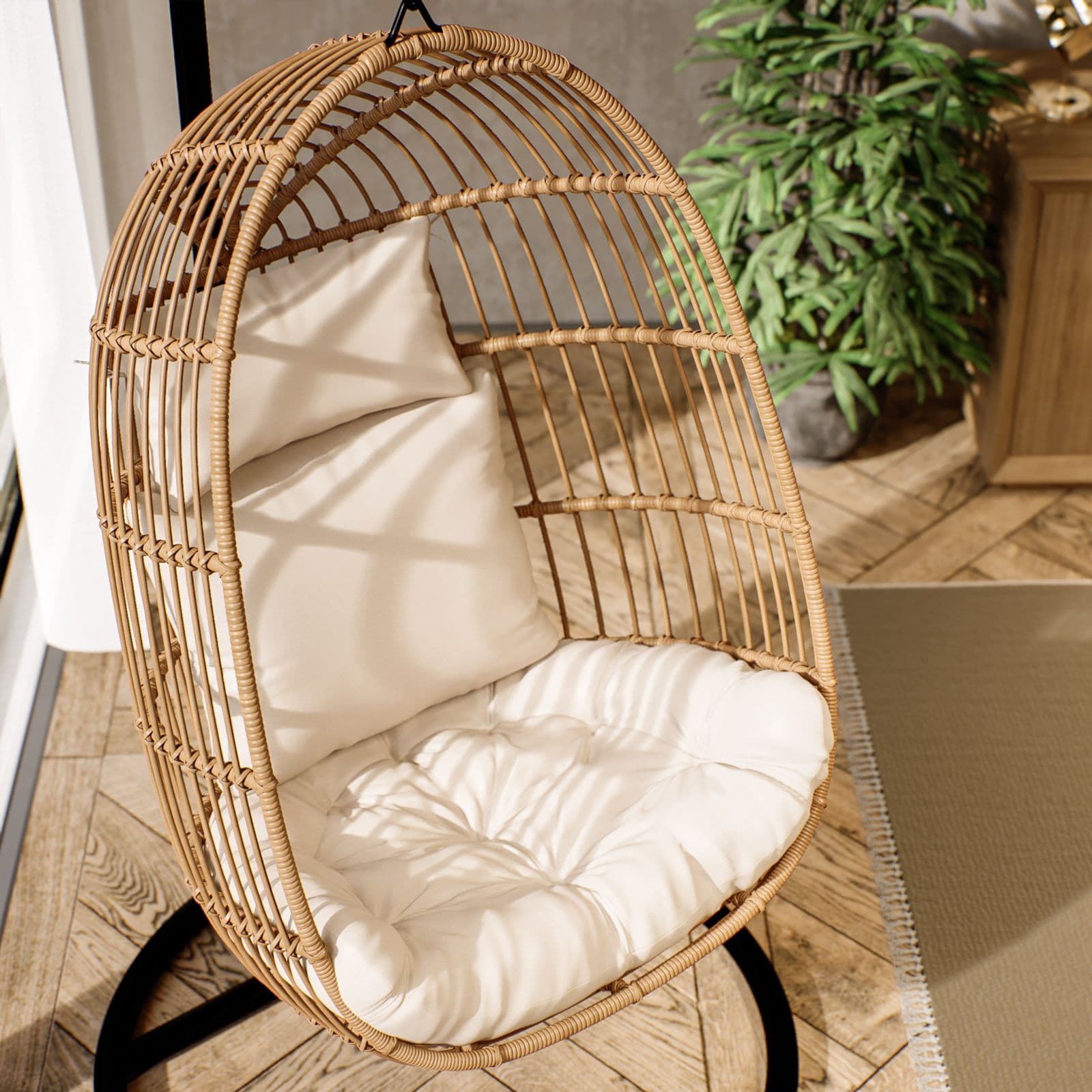 Poltrona sospesa in polyrattan naturale con cuscino e supporto - Tristan