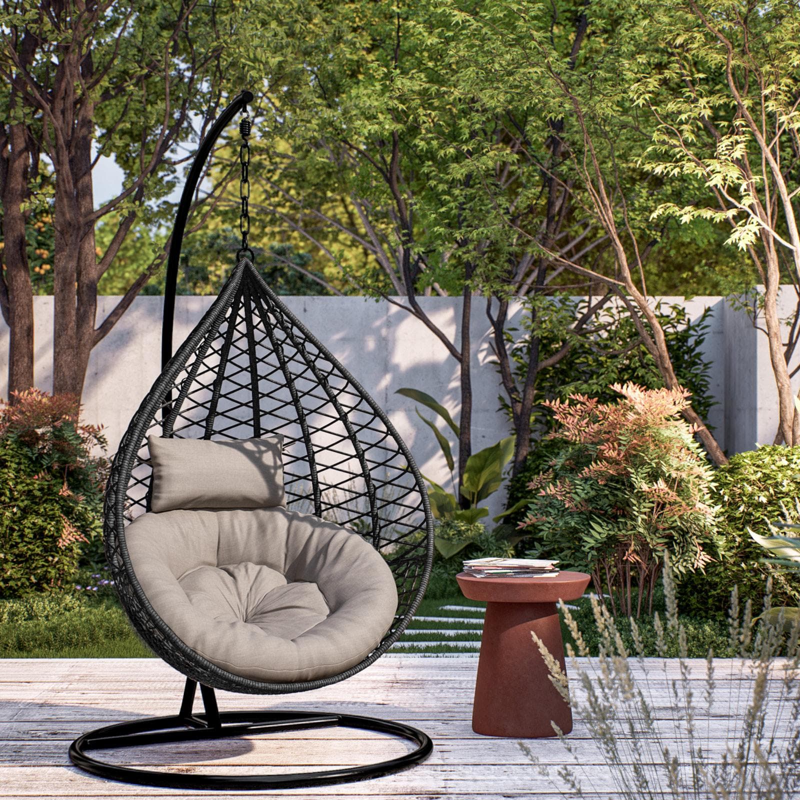 Poltrona sospesa in polyrattan nero con cuscino e supporto - Bouvet