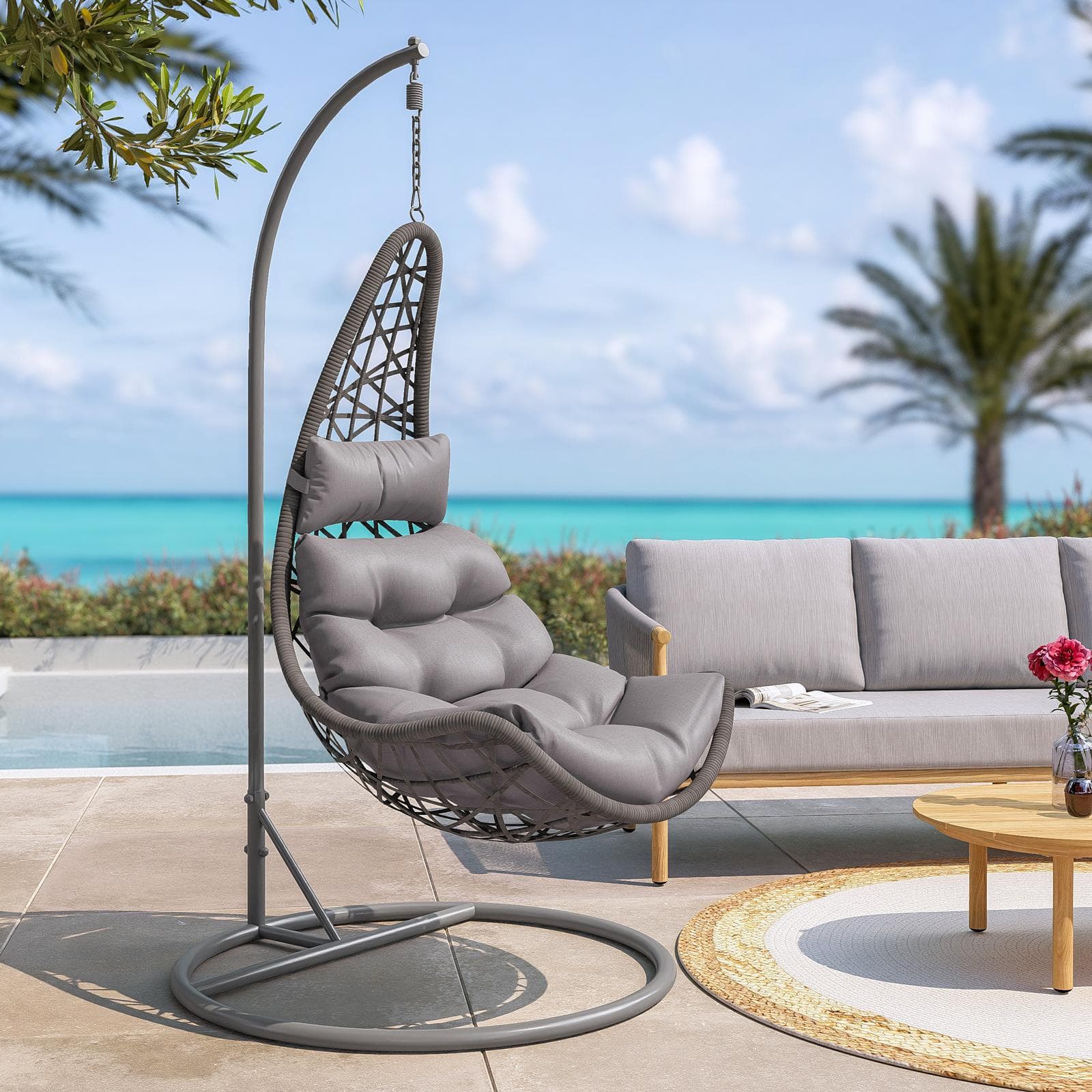 Poltrona sospesa in polyrattan grigio con cuscini grigi - Duna