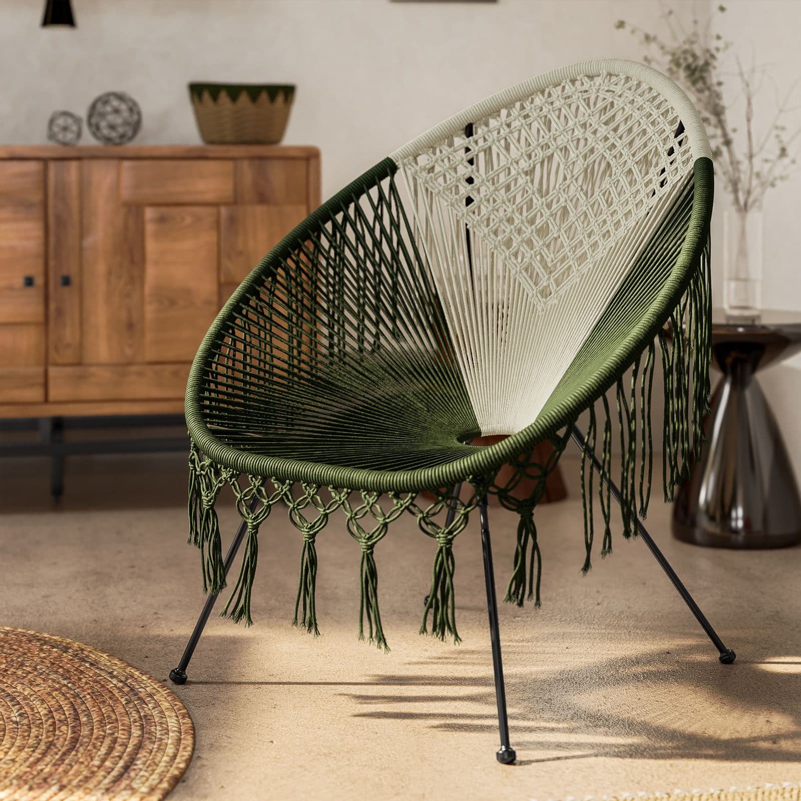 Poltrona macramè in cotone naturale ecrù e verde militare - Dasya