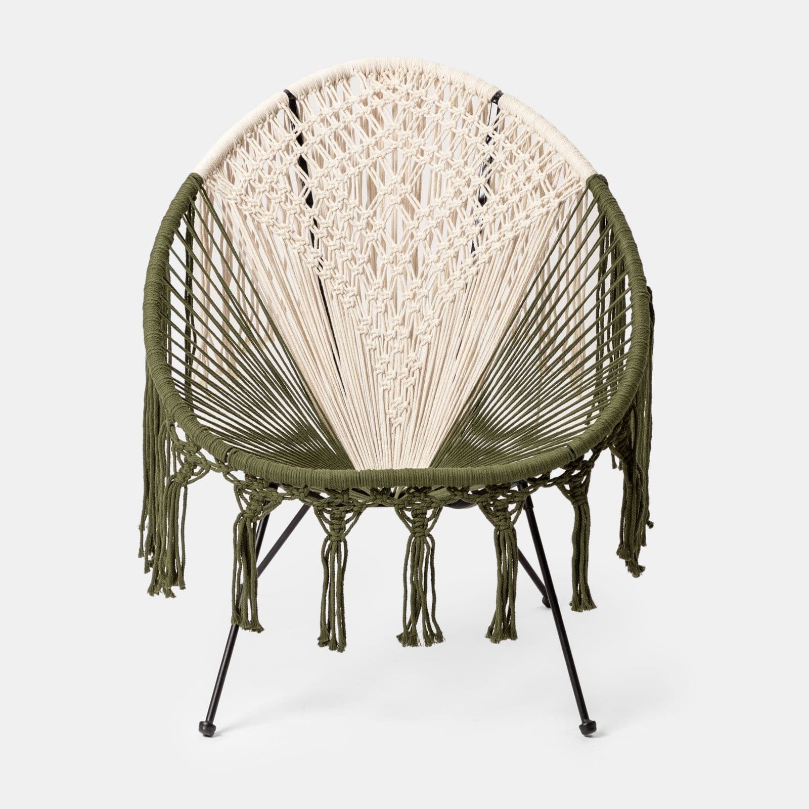 Poltrona macramè in cotone naturale ecrù e verde militare - Dasya