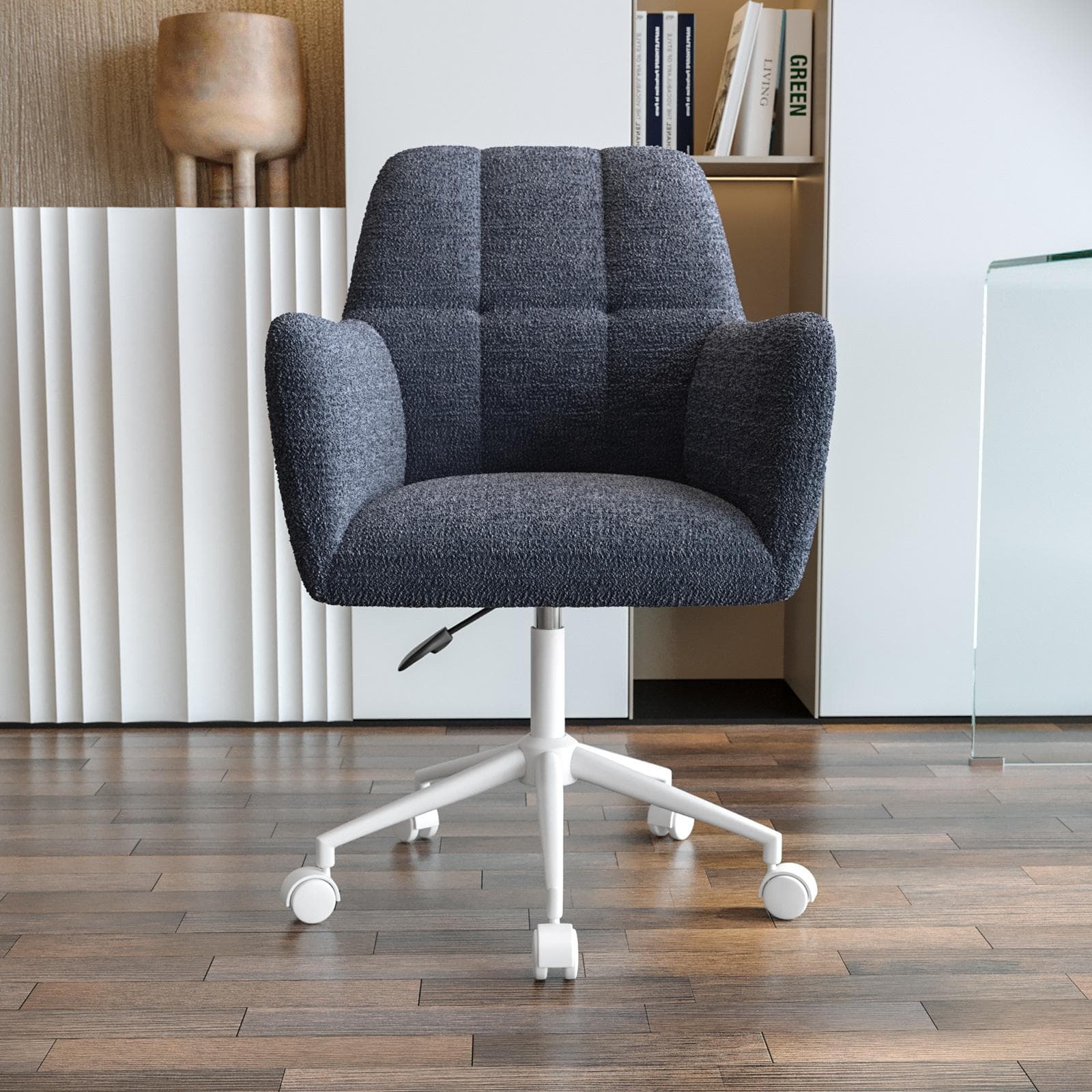 Poltrona ufficio girevole in bouclé blu avio e base bianca - Dowell