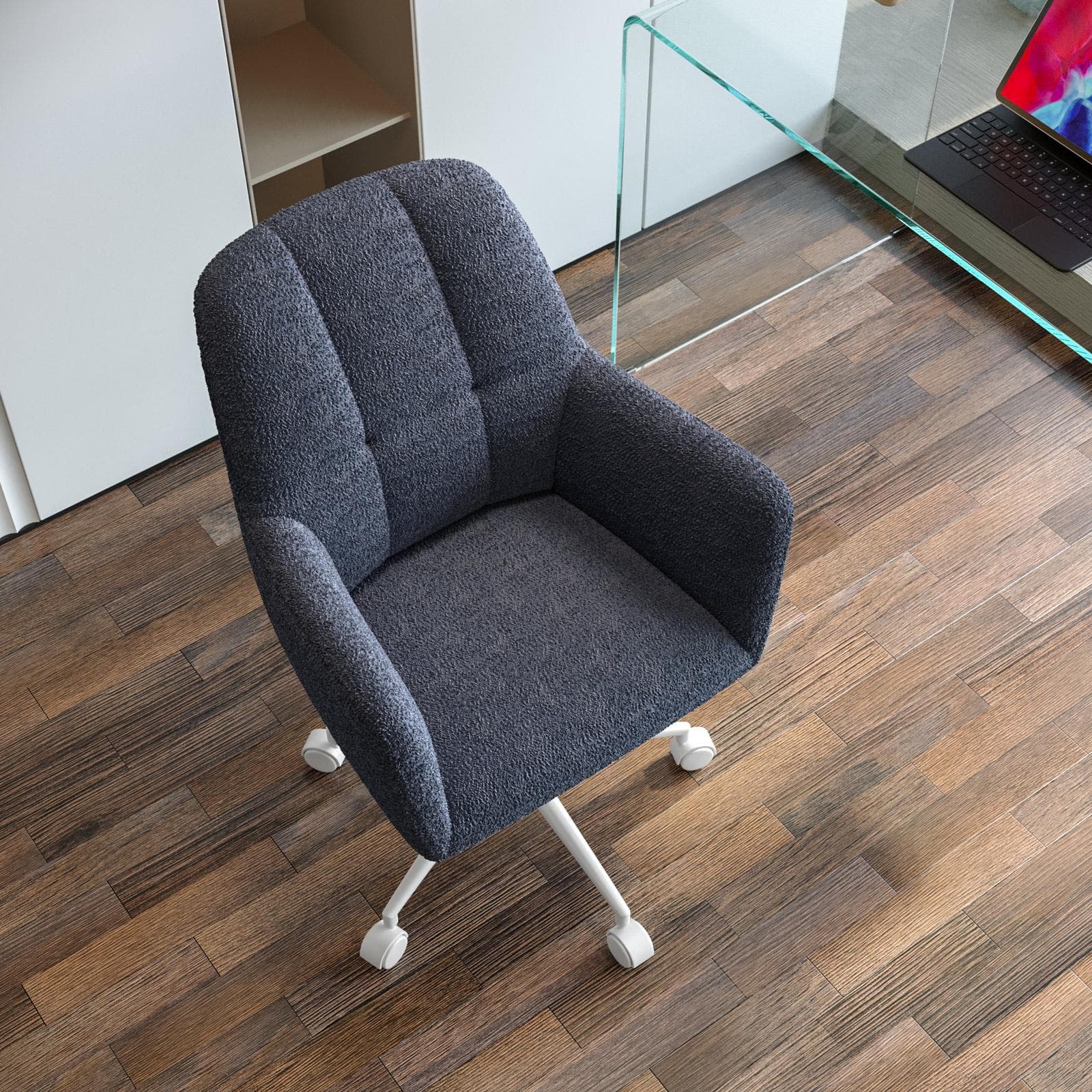 Poltrona ufficio girevole in bouclé blu avio e base bianca - Dowell