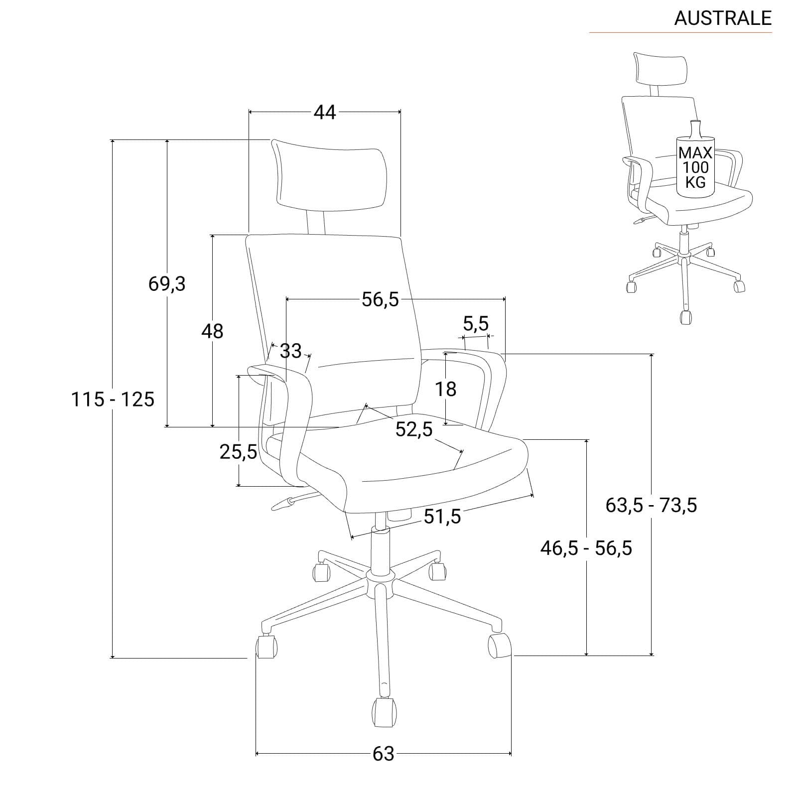 Poltrona da ufficio girevole in tessuto nero con supporto ergonomico e base cromata - Australe