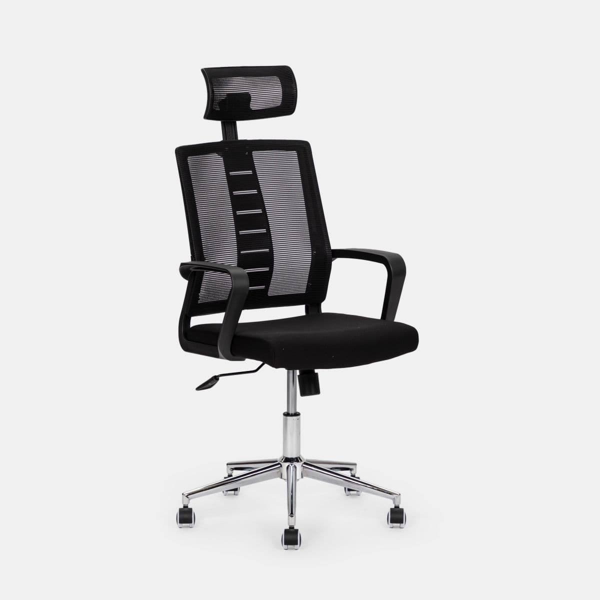 Poltrona da ufficio girevole in tessuto nero con supporto ergonomico e base cromata - Australe