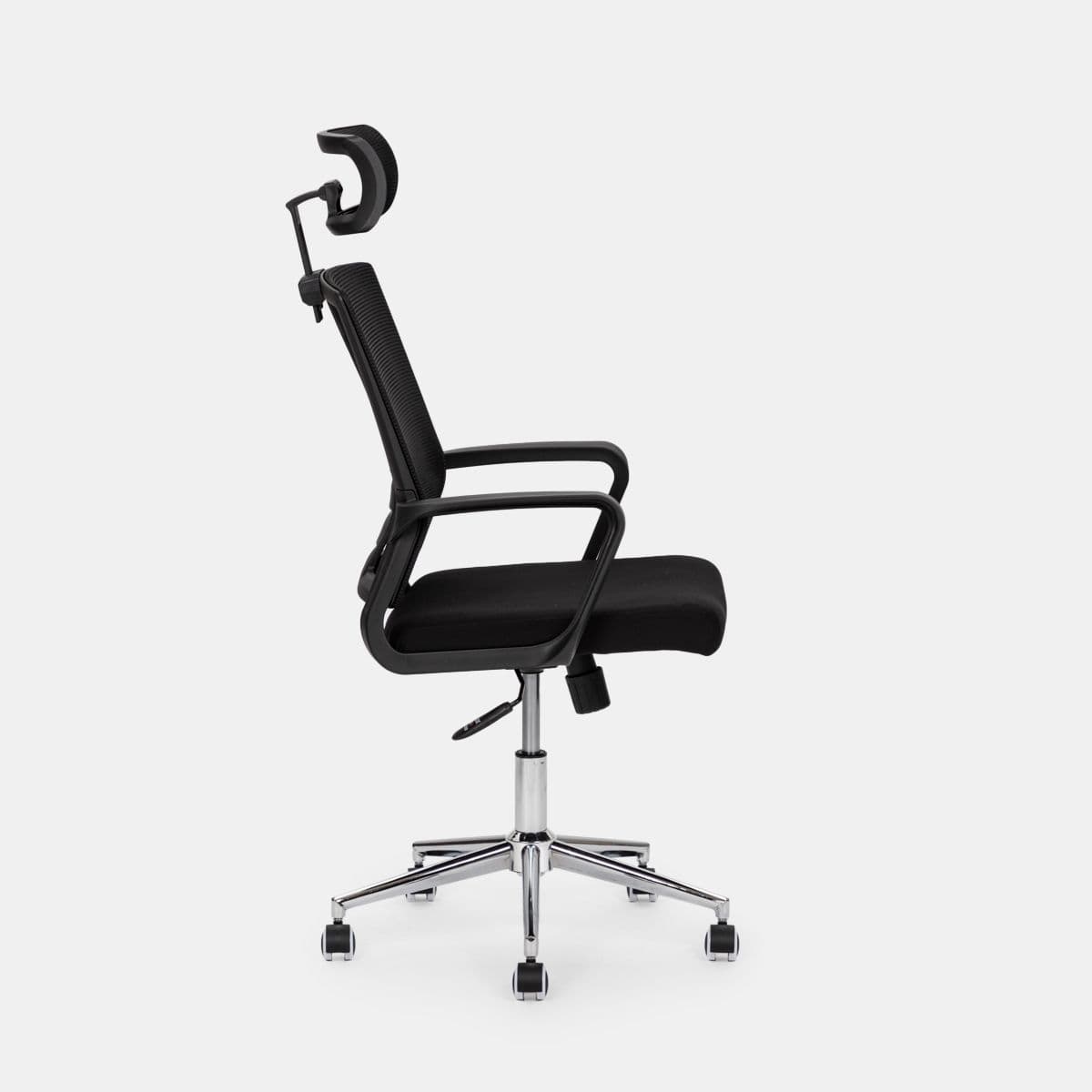 Poltrona da ufficio girevole in tessuto nero con supporto ergonomico e base cromata - Australe