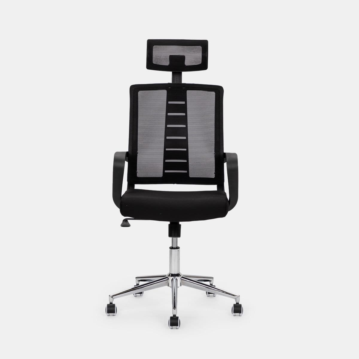 Poltrona da ufficio girevole in tessuto nero con supporto ergonomico e base cromata - Australe