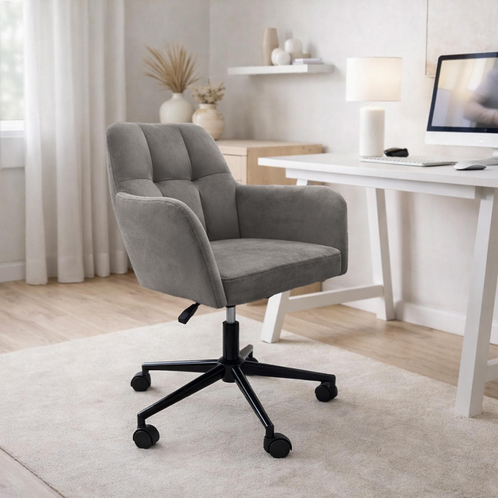 Poltrona ufficio girevole velluto grigio scuro e base nera - Dowell