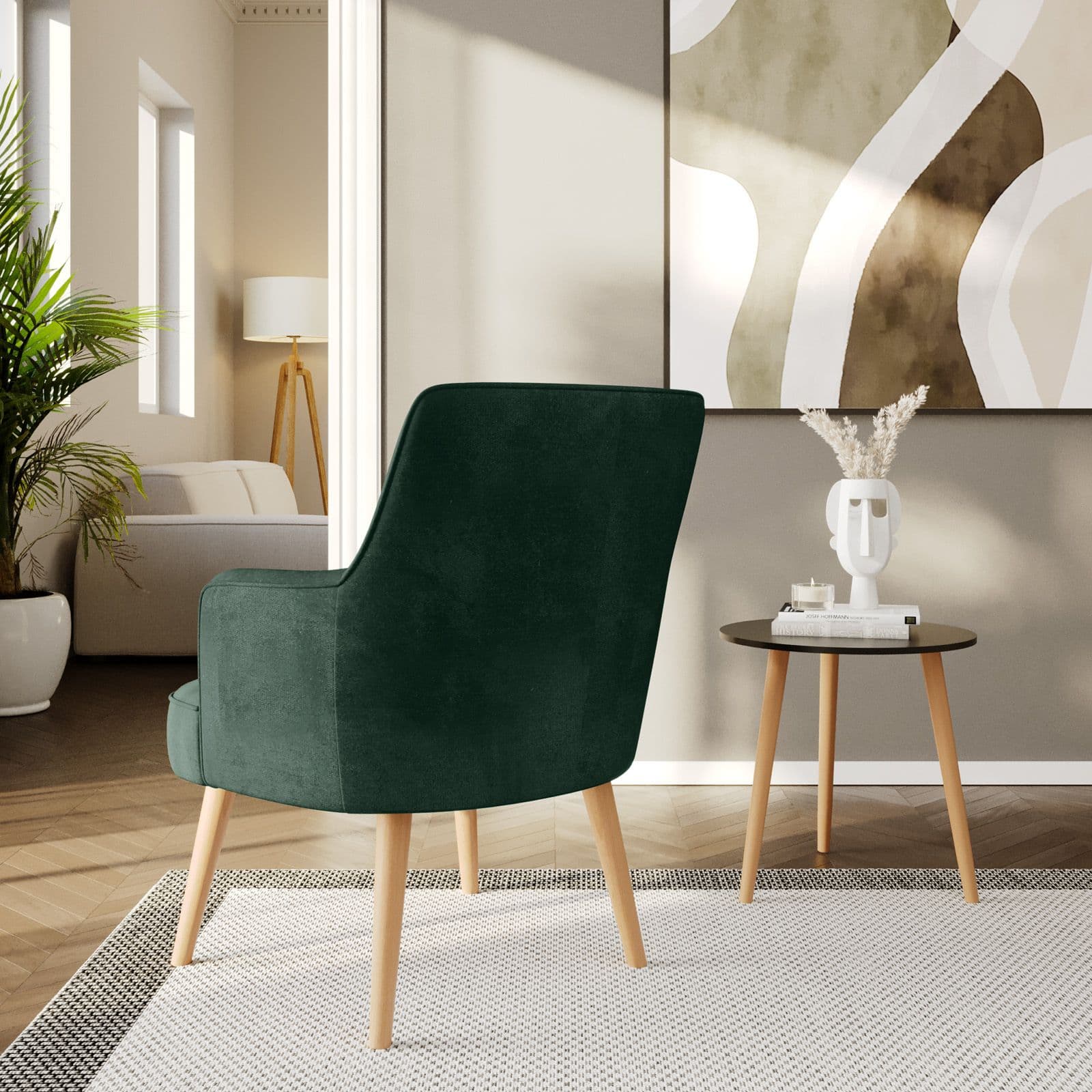 Poltrona in velluto verde con gambe in legno - Elenor