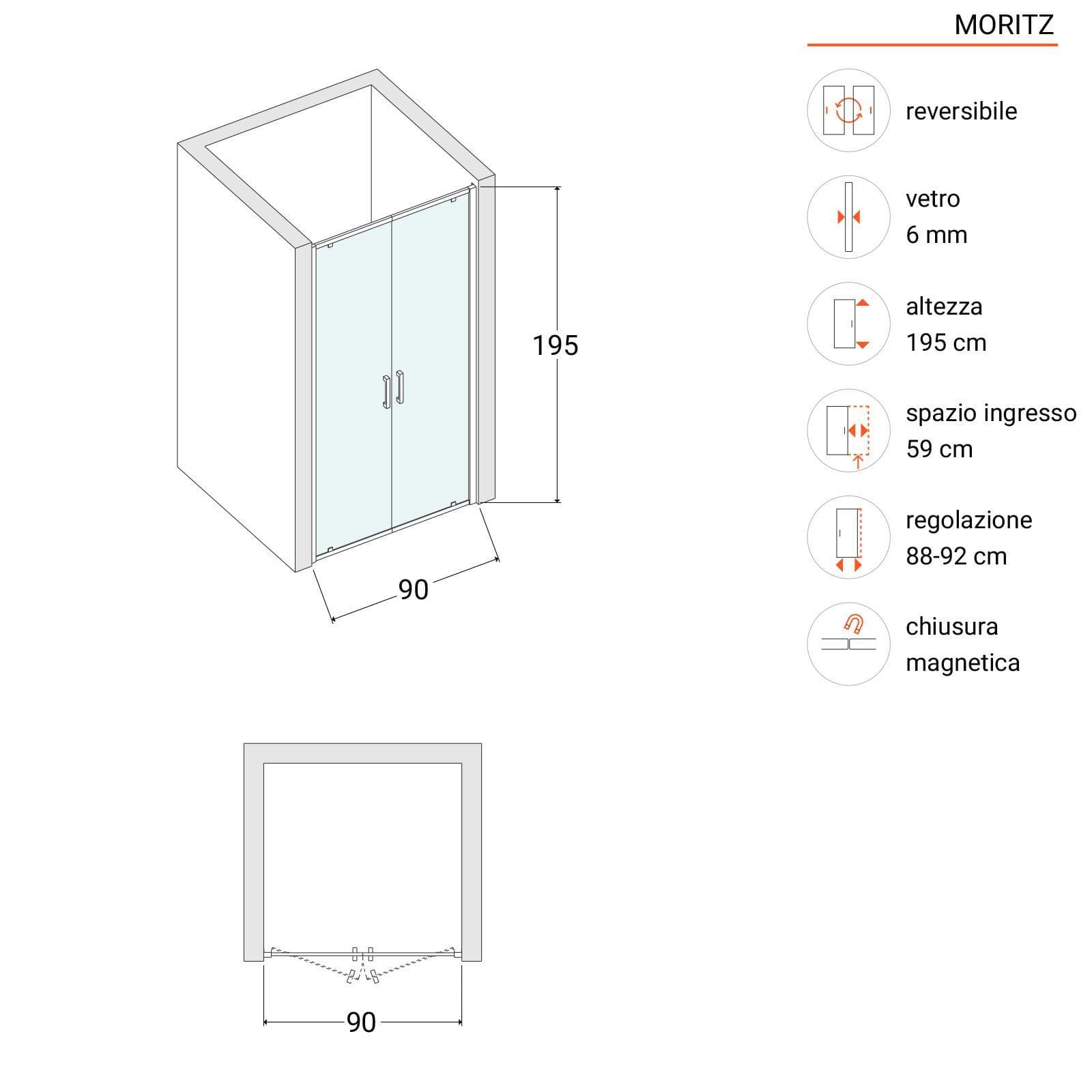 Box doccia nicchia 90 cm doppio battente vetro temperato trasparente anticalcare profilo cromo 195h - Moritz