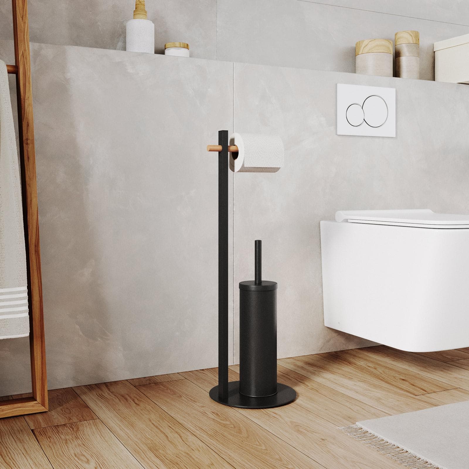 Piantana portarotolo e portascopino in acciaio inox nero e bambù naturale - Linky