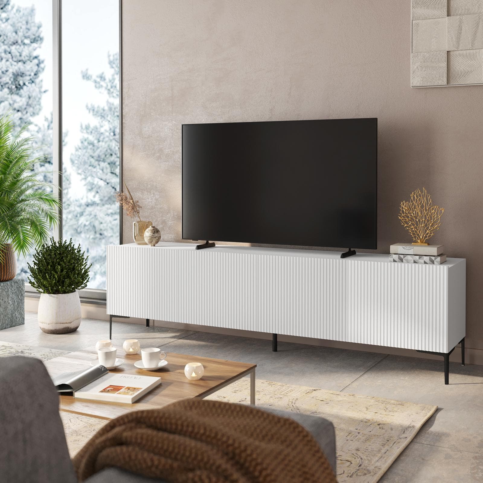 Porta tv 200x55h cm bianco opaco cannettato con 4 ante soft close e piedi in metallo nero - Judith