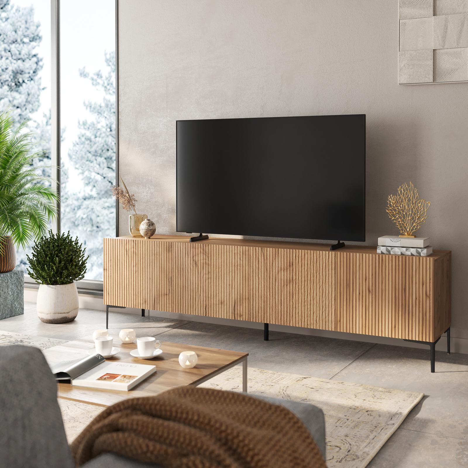 Porta tv 200x55h cm rovere gold con 4 ante cannettate soft close e piedi in metallo nero - Judith