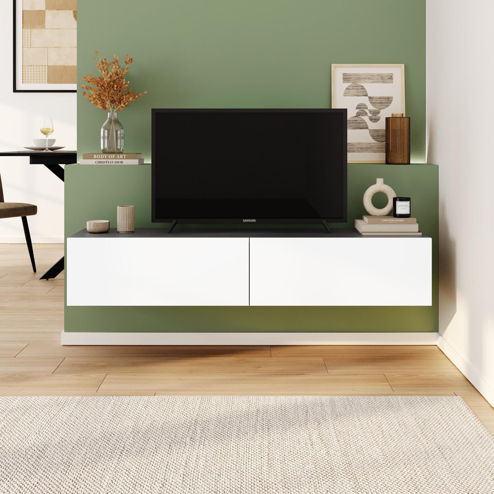 Porta tv sospeso 135x32h cm antracite con 2 ante bianco opaco - Betka