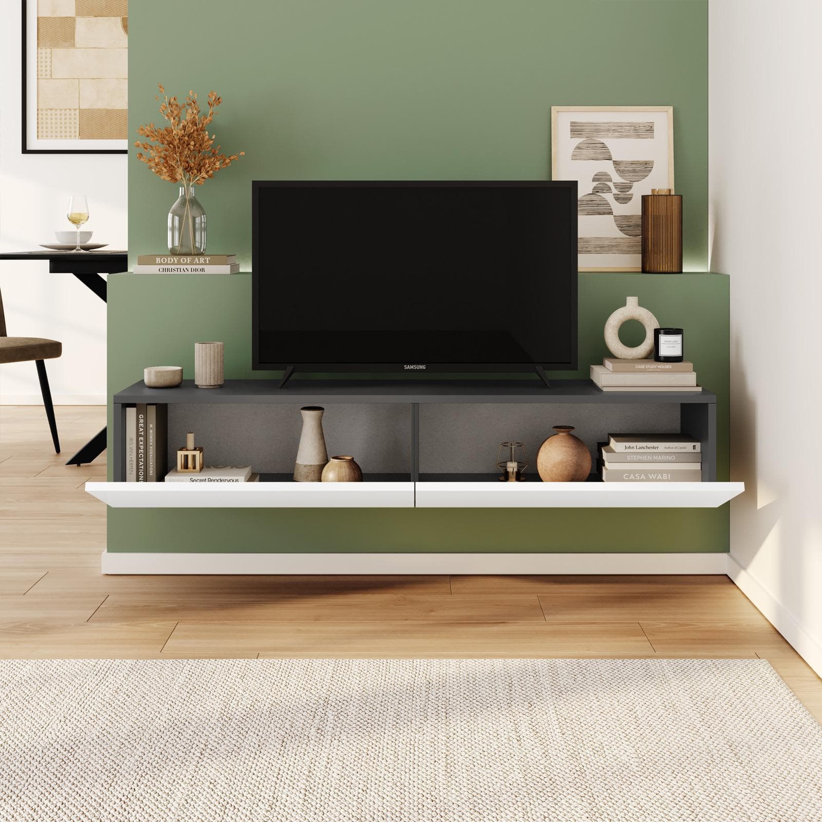 Porta tv sospeso 135x32h cm antracite con 2 ante bianco opaco - Betka