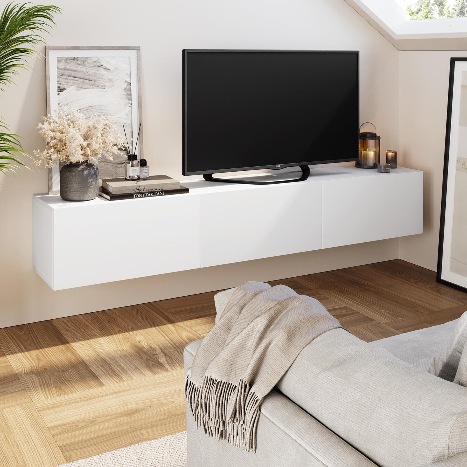 Porta tv sospeso 180x30h cm bianco opaco con 3 ante - Betka