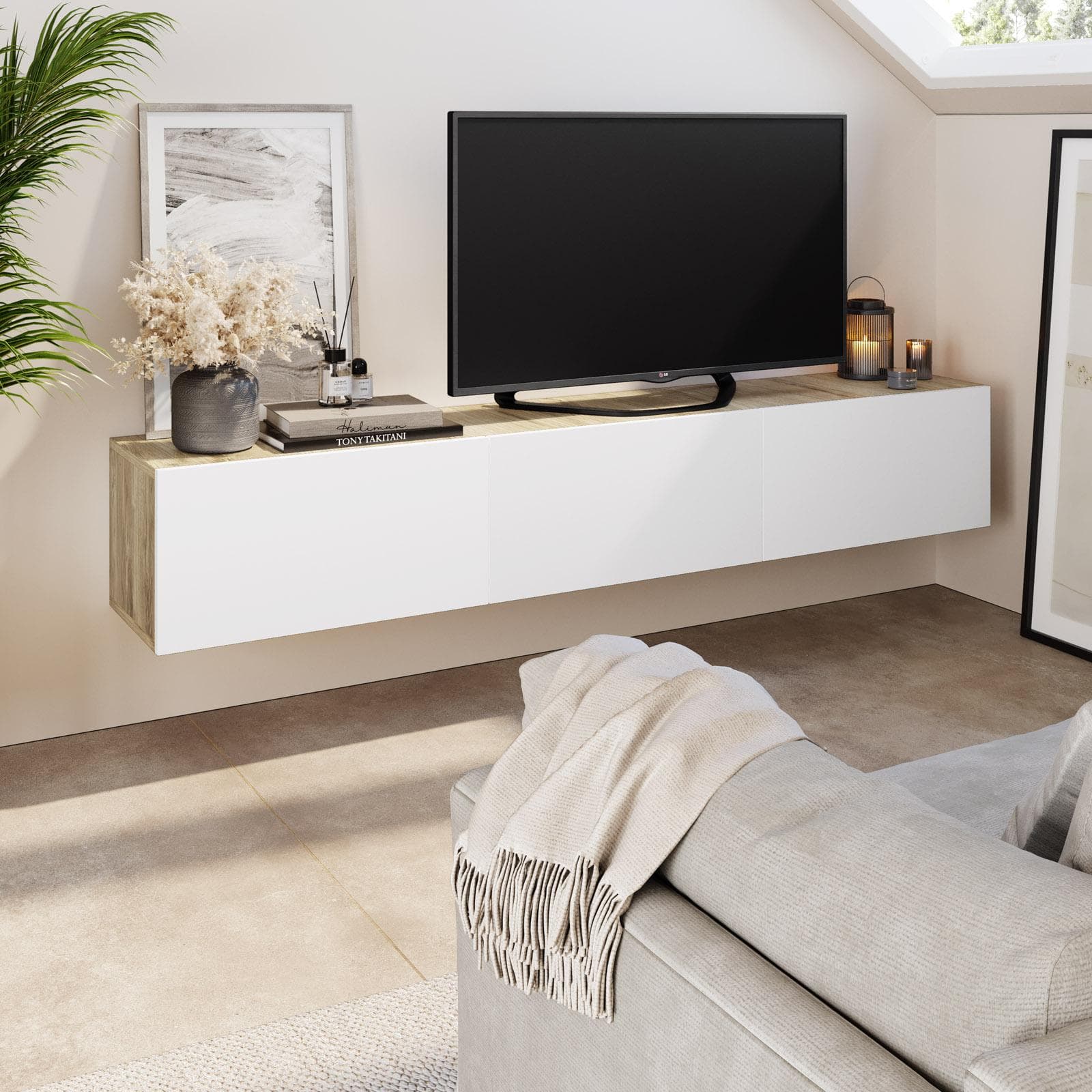 Porta tv sospeso 180x30h cm effetto rovere con 3 ante bianco opaco - Betka