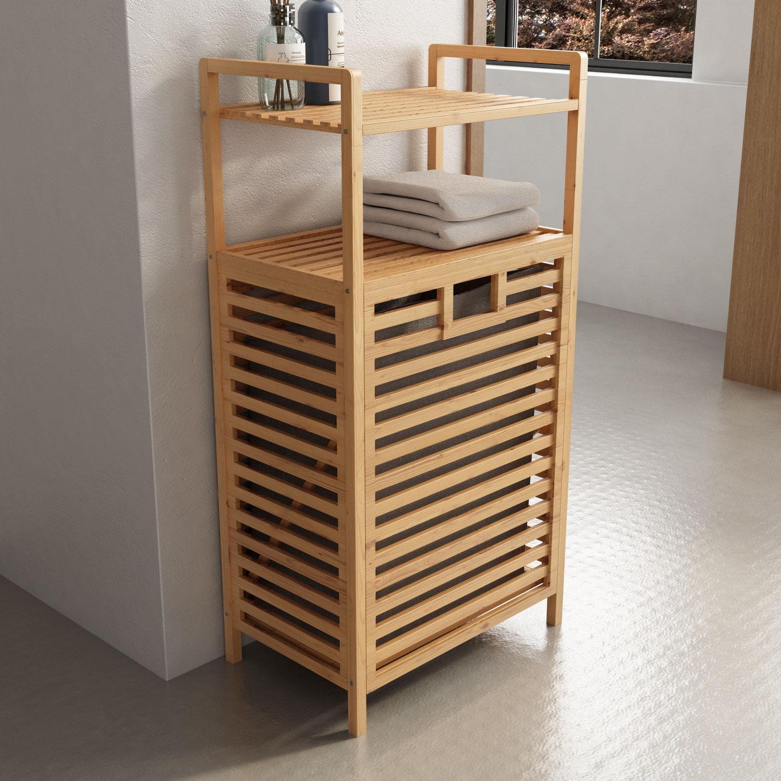 Portabiancheria in legno bambù estraibile con ripiano superiore da bagno o lavanderia - Grace