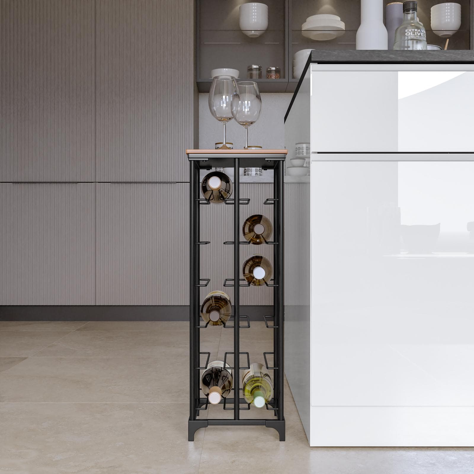 Portabottiglie 24x71h cm in metallo nero e legno noce - Holoc