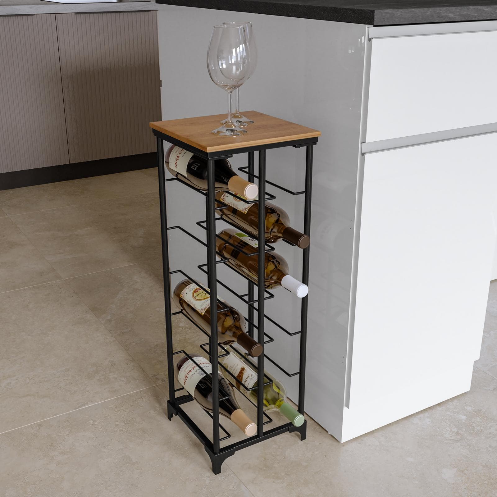 Portabottiglie 24x71h cm in metallo nero e legno noce - Holoc
