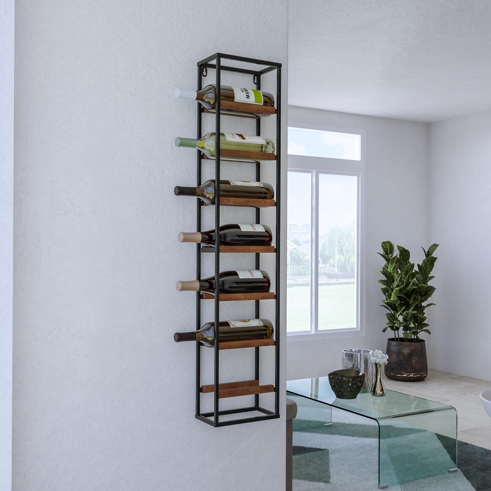 Portabottiglie da parete 21x101h cm in metallo nero e legno noce - Holoc