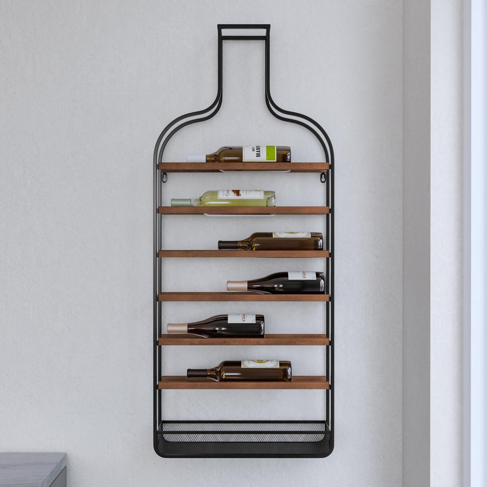 Portabottiglie da parete 50x120h cm in metallo nero e legno noce - Holoc