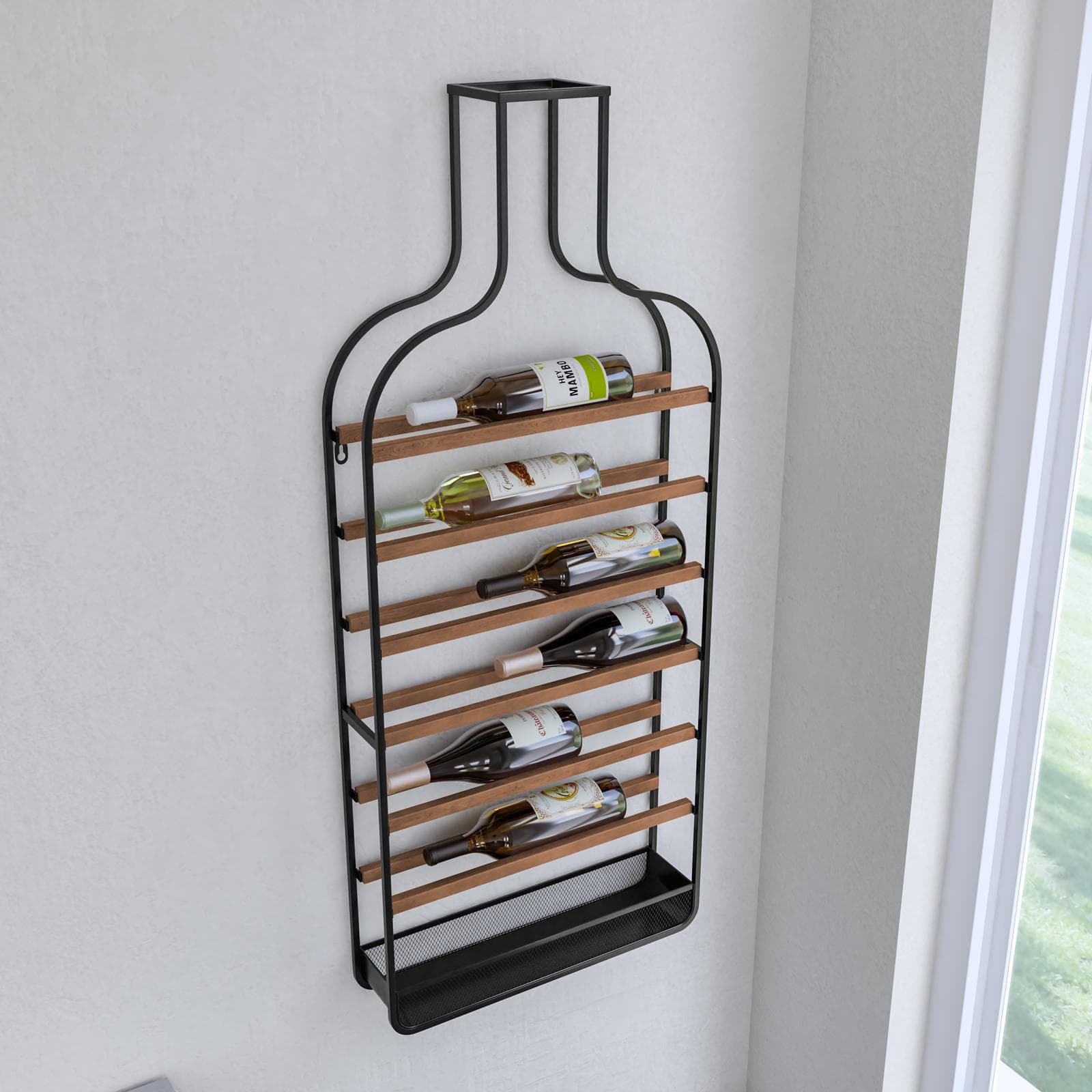 Portabottiglie da parete 50x120h cm in metallo nero e legno noce - Holoc