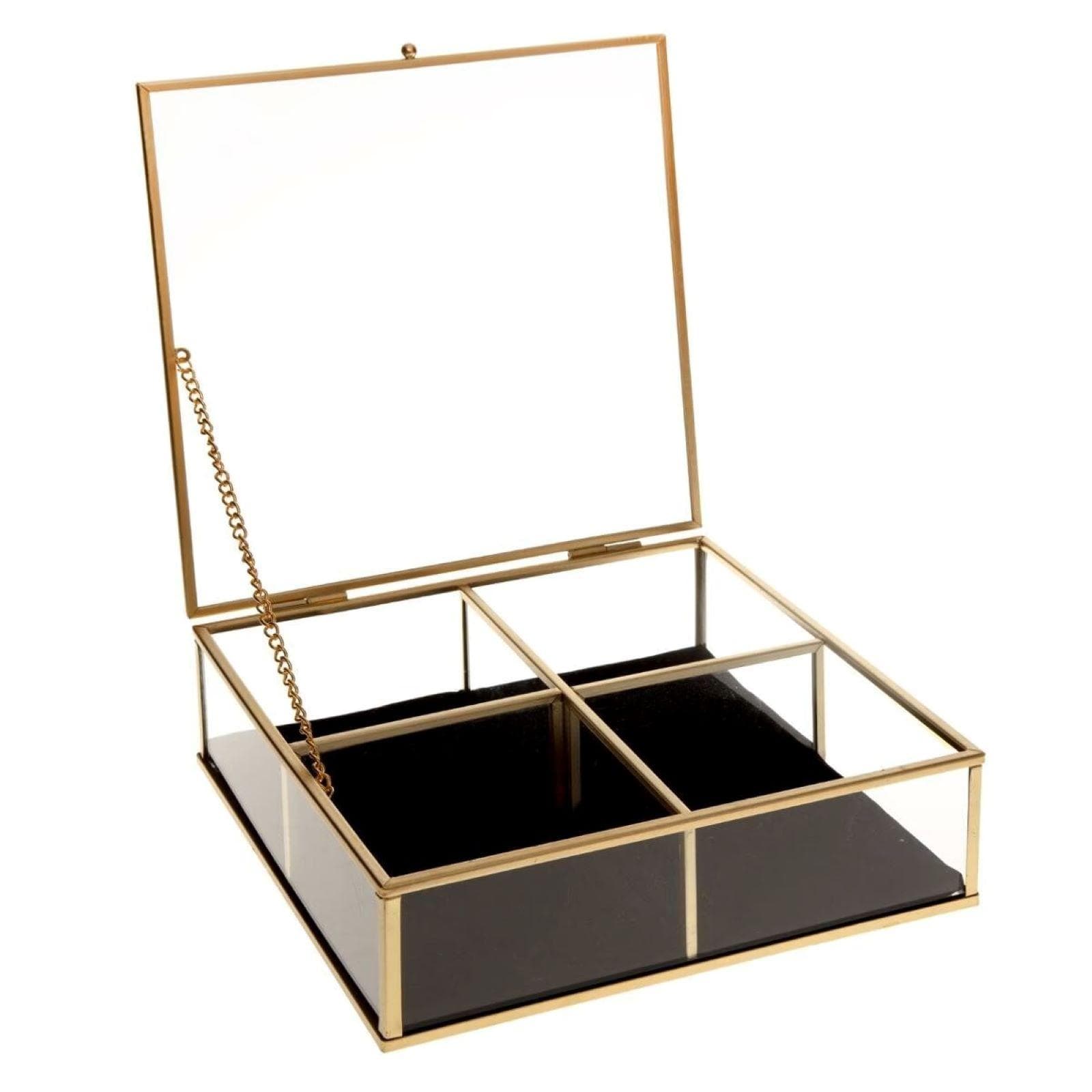 Portagioie 20x6h cm in vetro e metallo oro con fondo in velluto e 4 scomparti