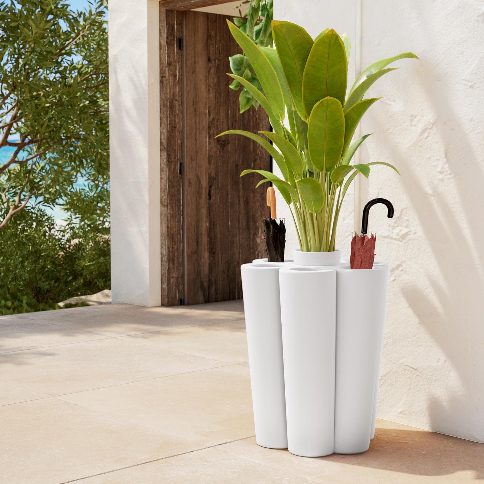 Portaombrelli rotondo 50 cm da interno o esterno in polietilene bianco con portavaso - Moreja