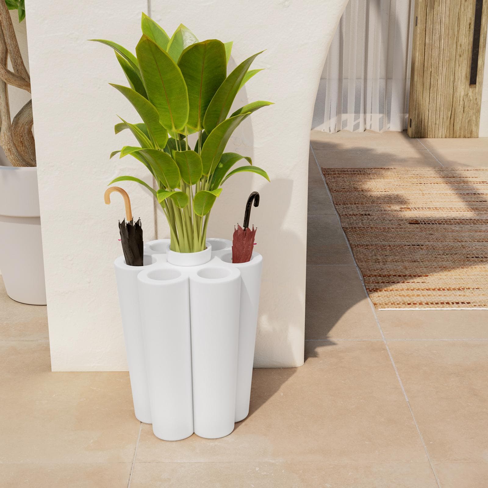 Portaombrelli rotondo 50 cm da interno o esterno in polietilene bianco con portavaso - Moreja