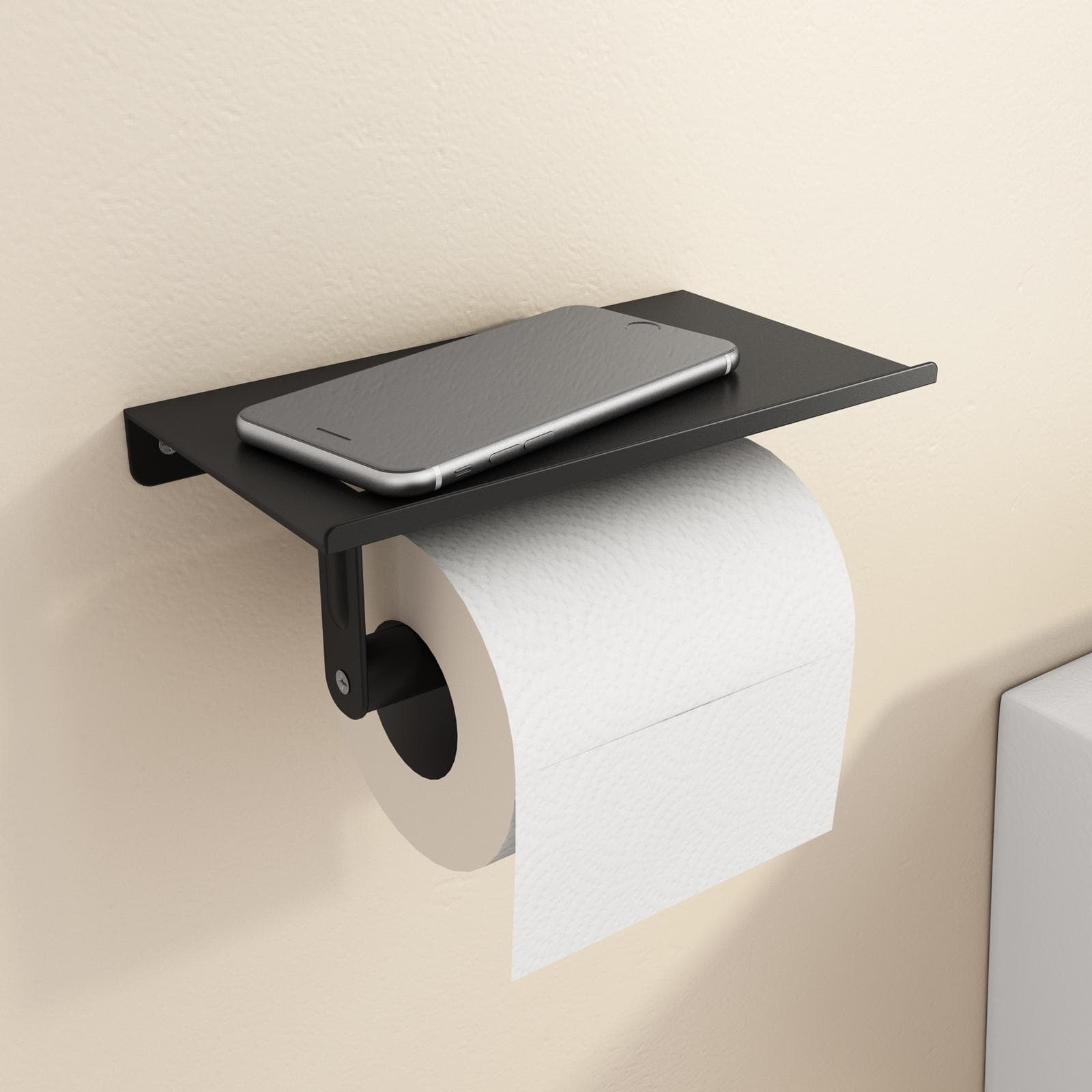 Portarotolo con mensola porta cellulare in metallo verniciato opaco nero 18 cm - Arya