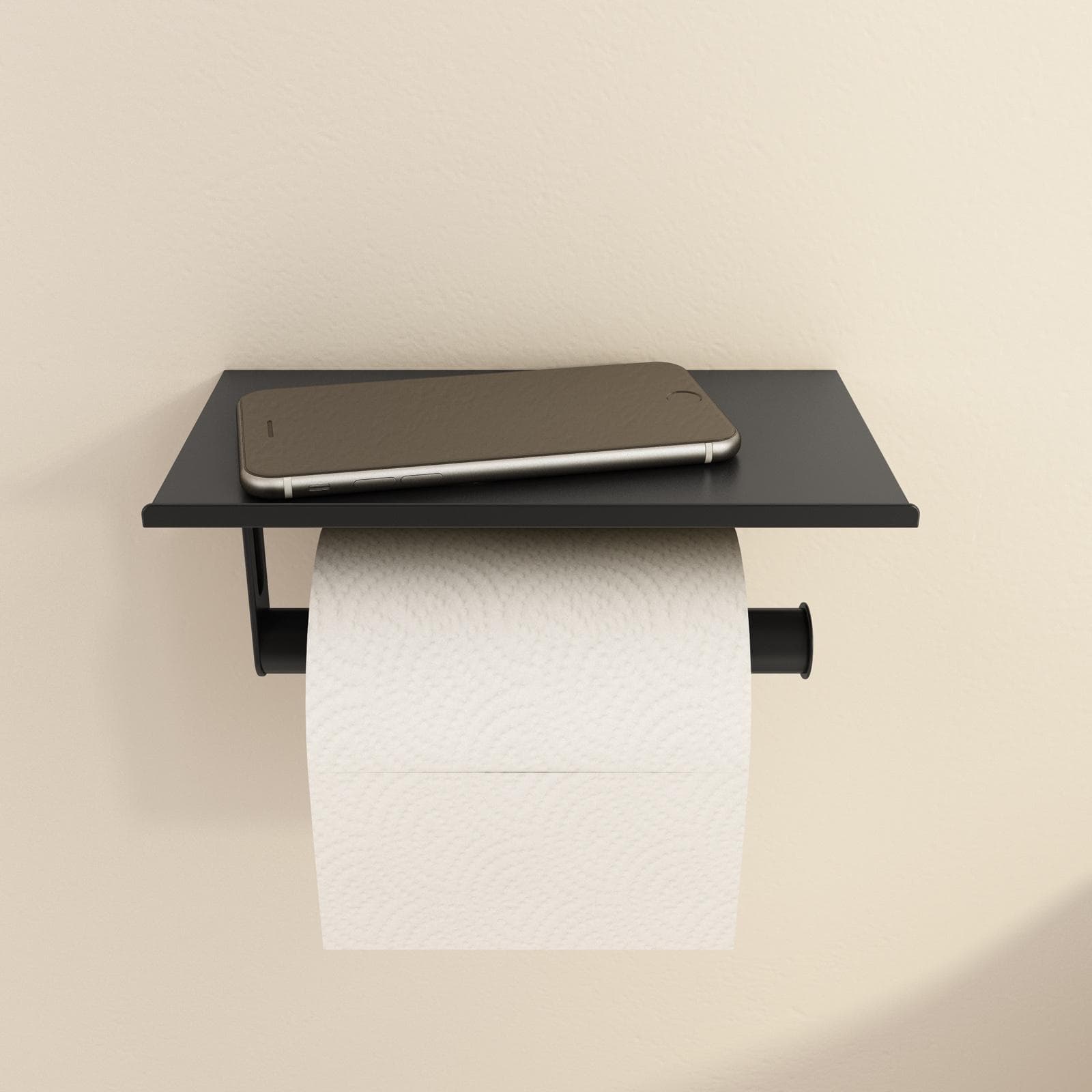 Portarotolo con mensola porta cellulare in metallo verniciato opaco nero 18 cm - Arya