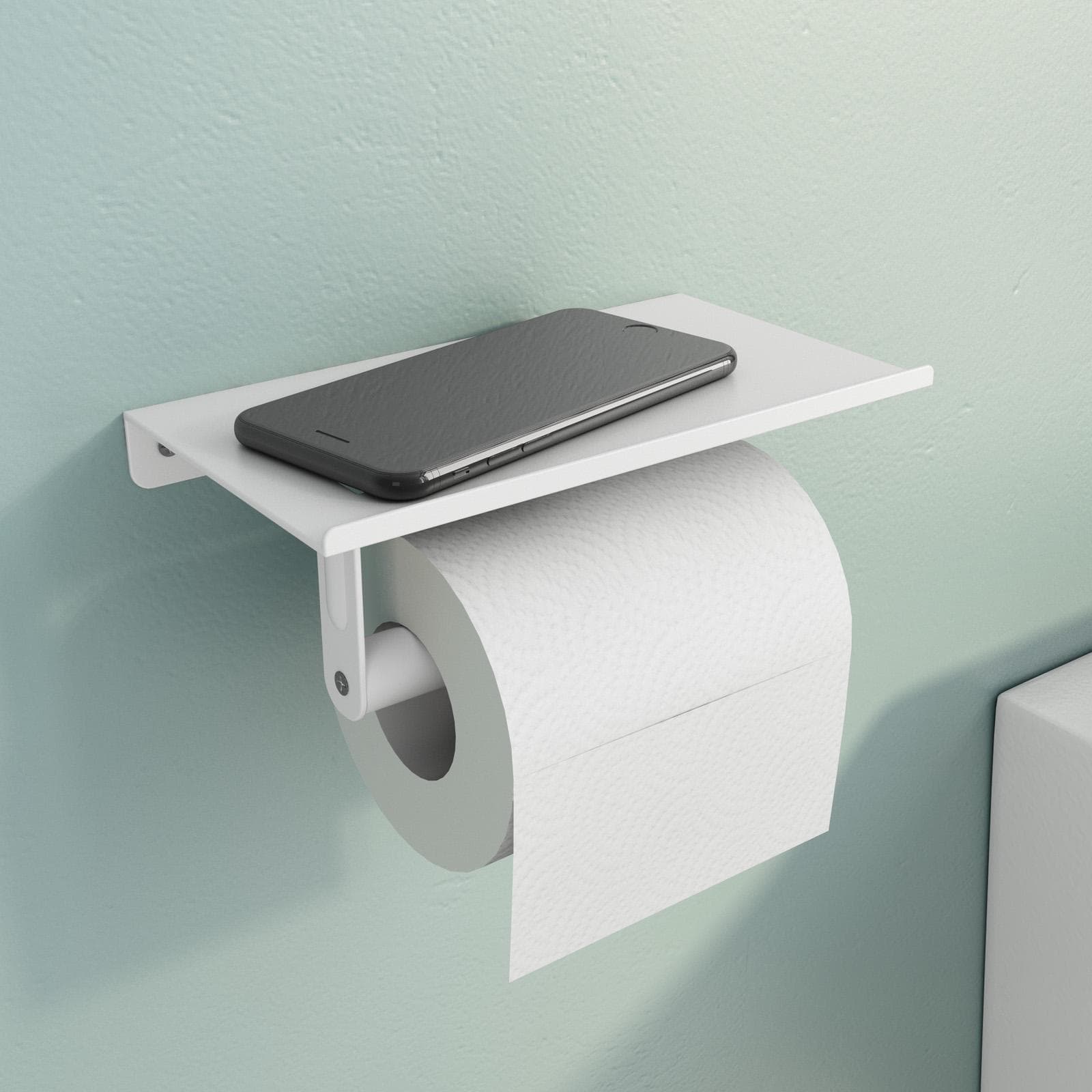 Portarotolo con mensola porta cellulare incorporato 18 cm in metallo bianco opaco - Arya