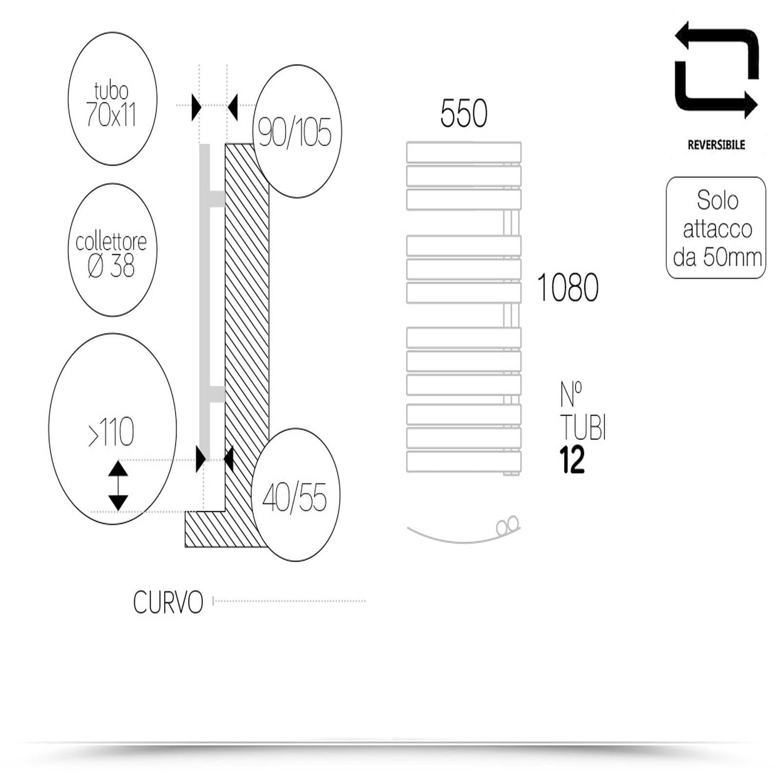 Termoarredo 1080x550 mm cromo tubi curvi e attacco reversibile - Pieve di Lazzarini