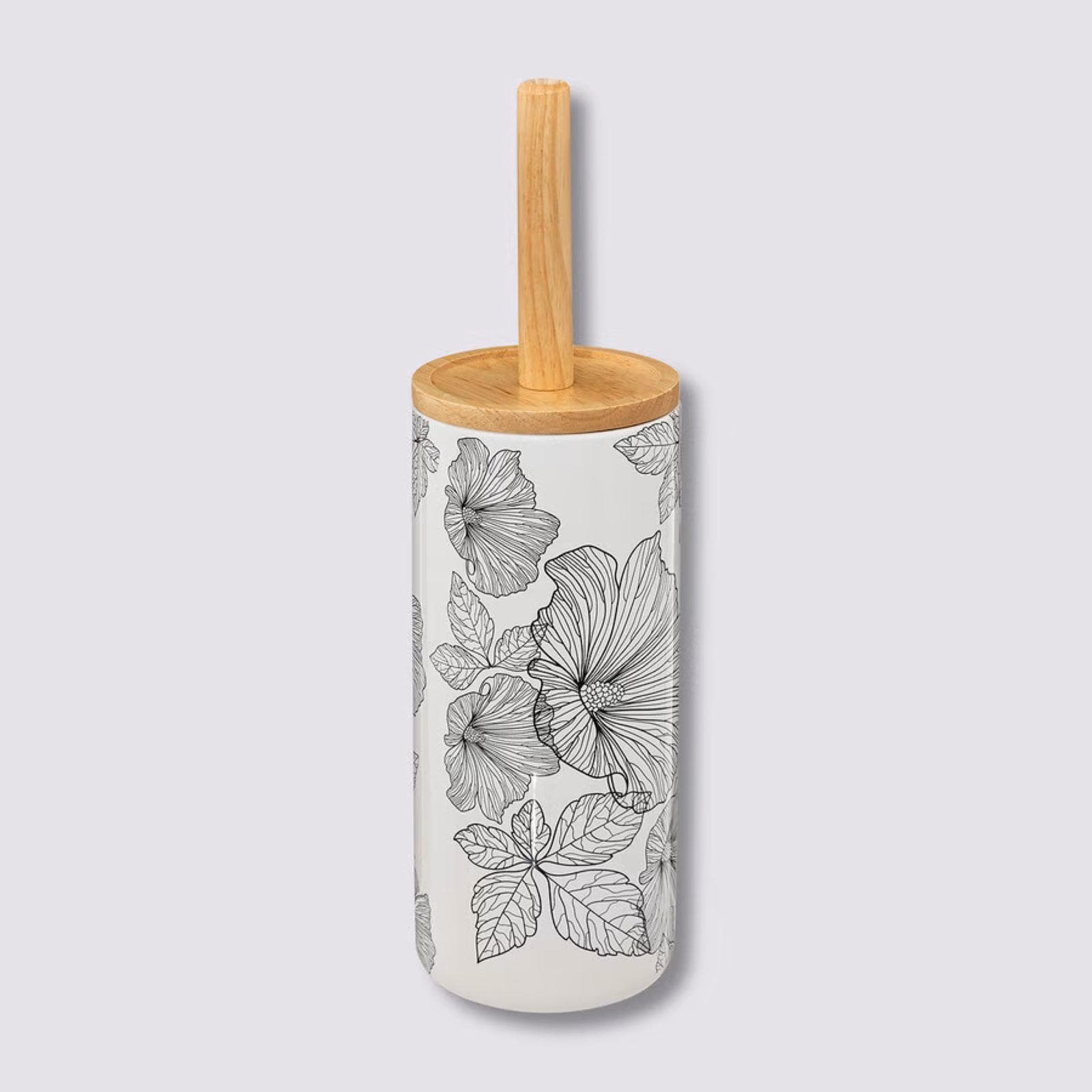 Portascopino d'appoggio in gres bianco con stampa floreale - Noirfleur