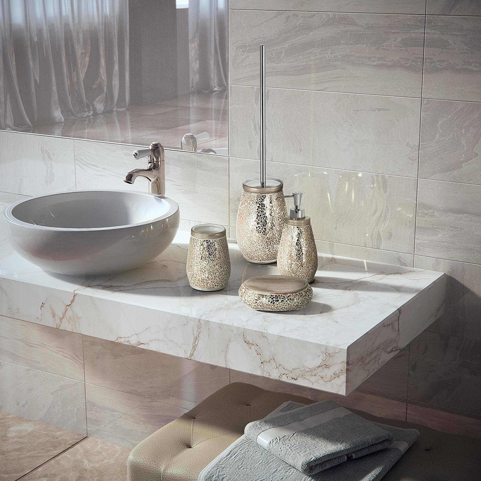 Portascopino d'appoggio in vetro e ceramica crema e oro - Myosotis di Gedy