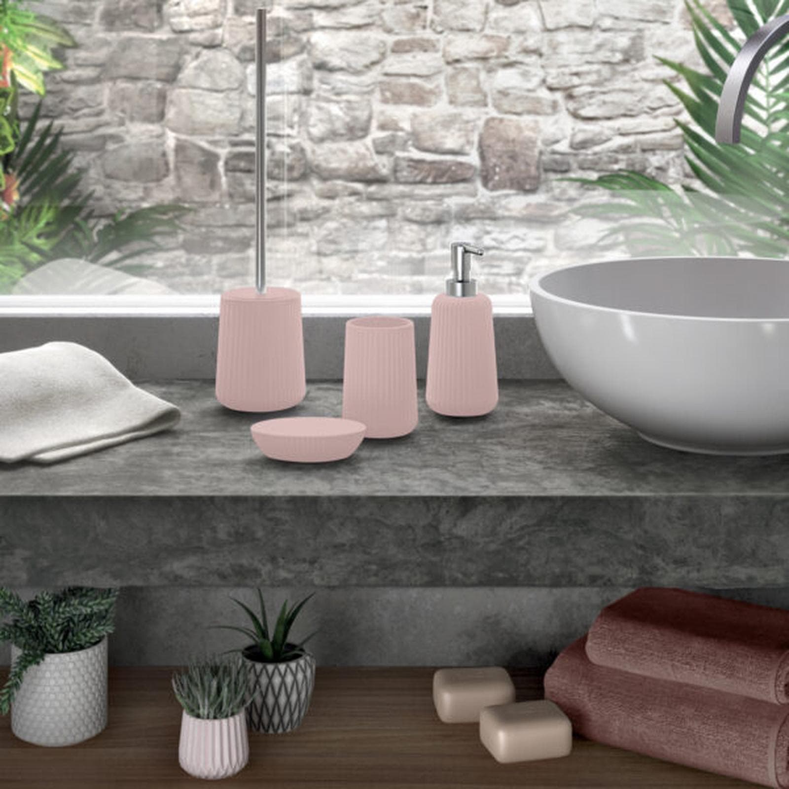 Portaspazzolini da appoggio in ceramica rosa rigato - Marika di Gedy