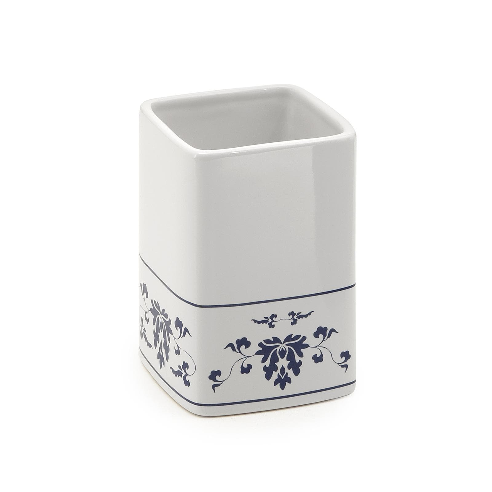 Portaspazzolini da appoggio in porcellana bianco con motivo blu - Cixi di Gedy