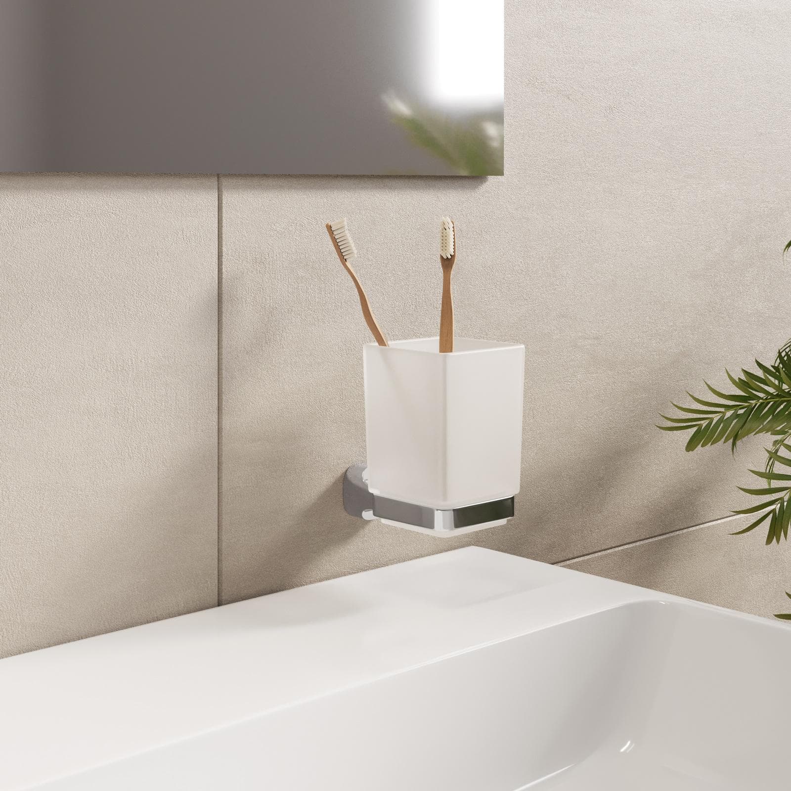 Portaspazzolino a muro con bicchiere in vetro in acciaio inox cromo - Claret