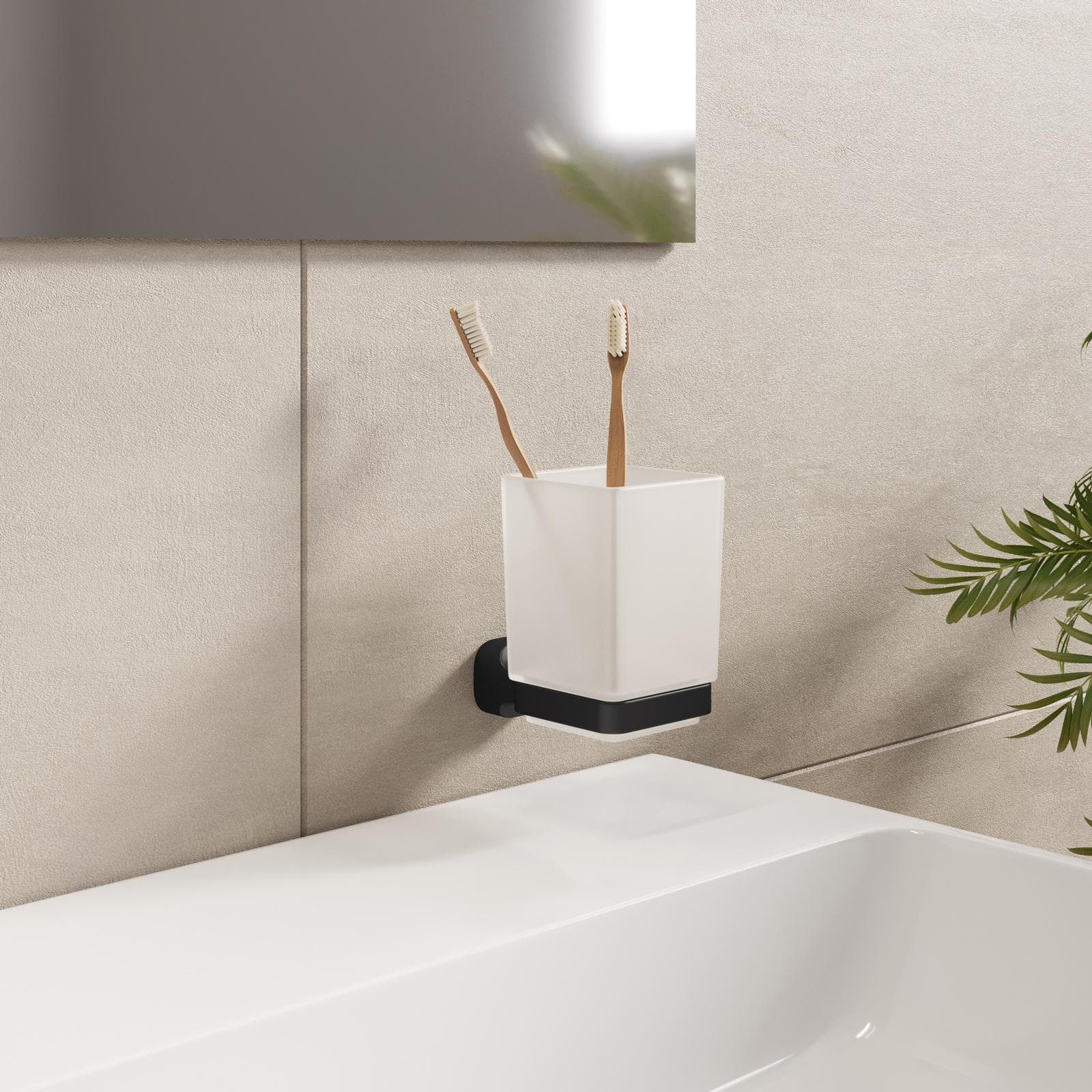 Portaspazzolino a muro con bicchiere in vetro in acciaio inox nero - Claret