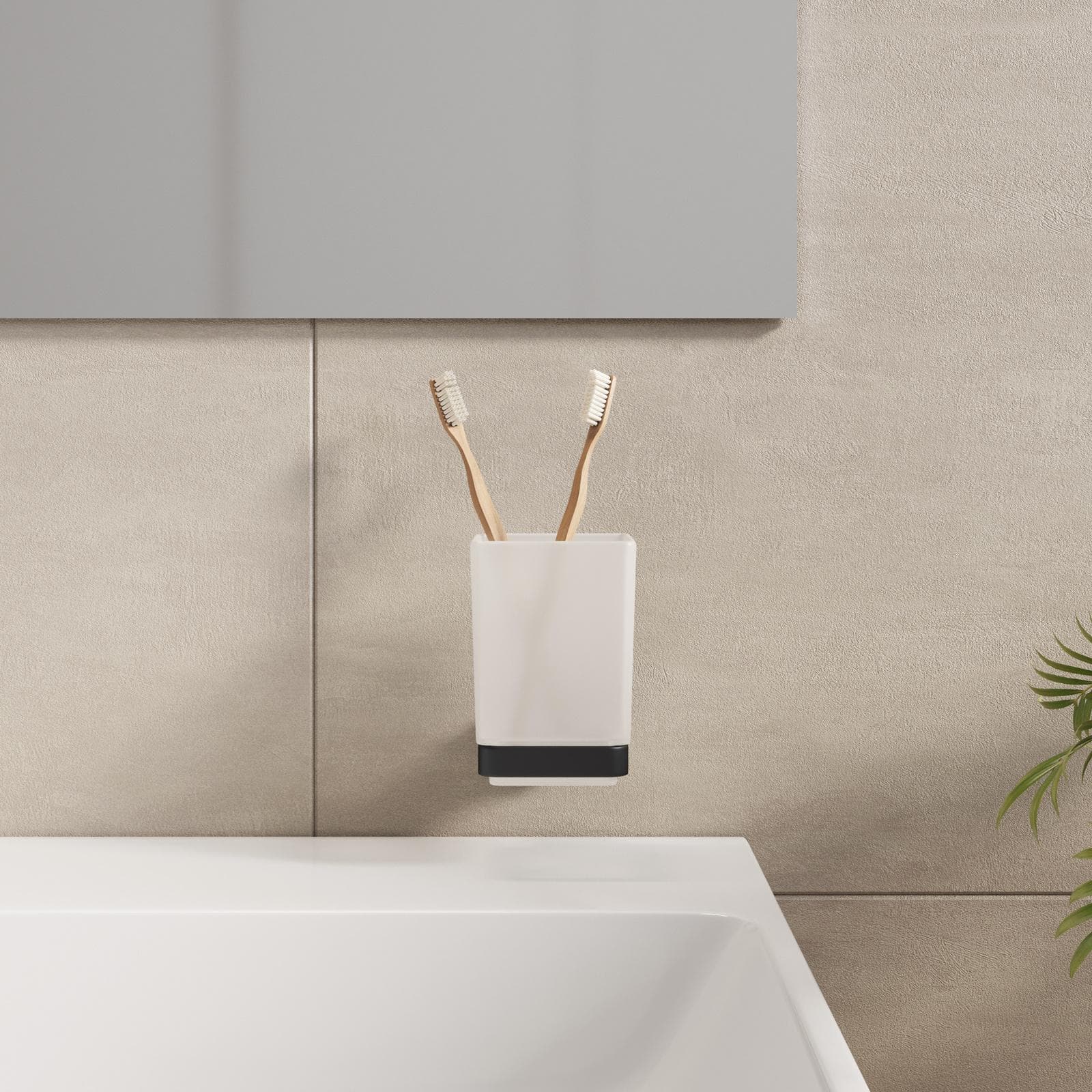 Portaspazzolino a muro con bicchiere in vetro in acciaio inox nero - Claret