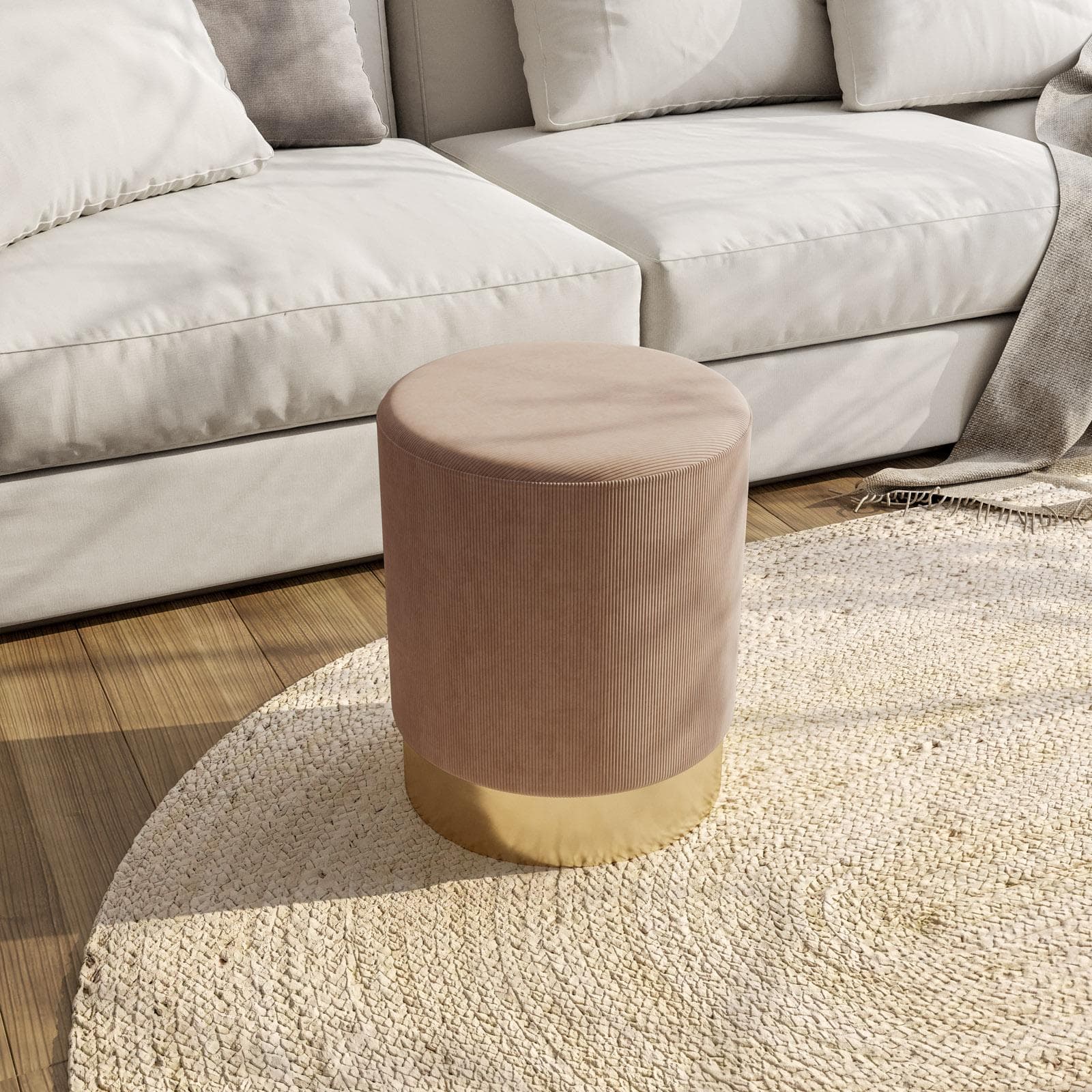 Pouf rotondo 35x42h cm in velluto a coste tortora e base oro - Divo
