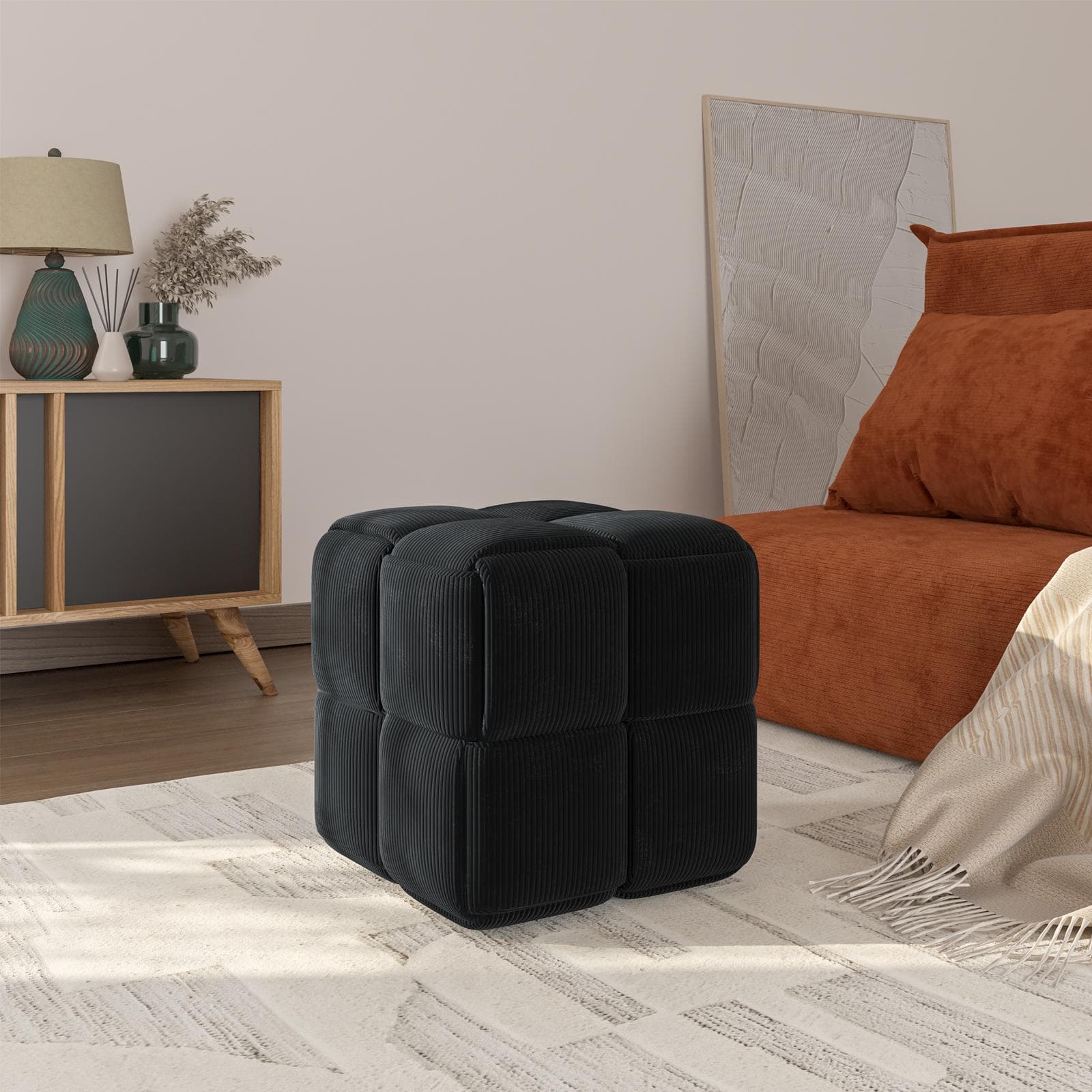 Pouf 36x36 cm in velluto a coste nero antimacchia e idrorepellente - Josef