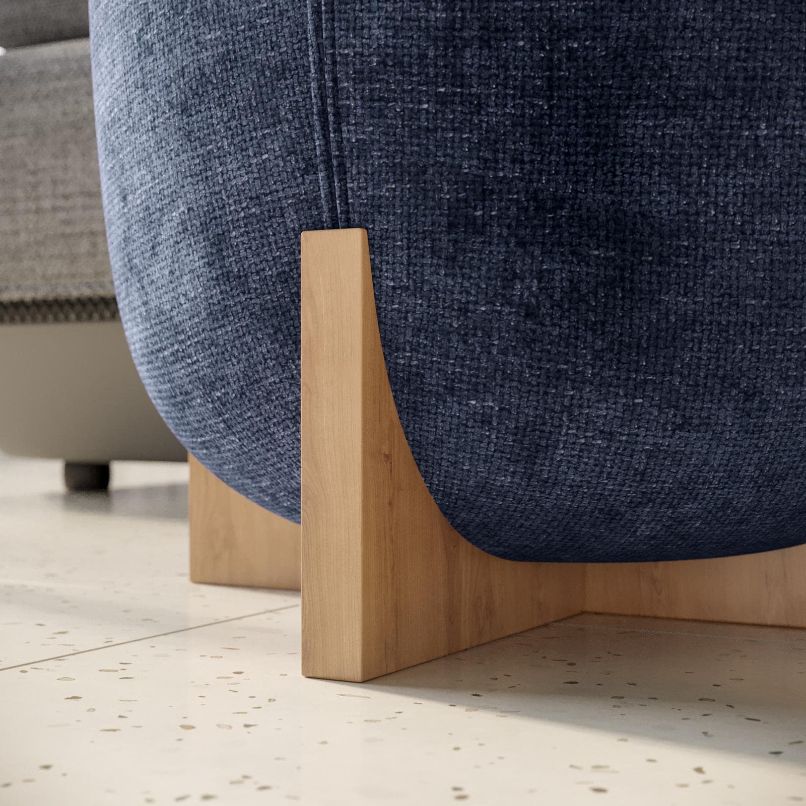 Pouf 41 cm in tessuto ciniglia blu con base in legno - Hartley