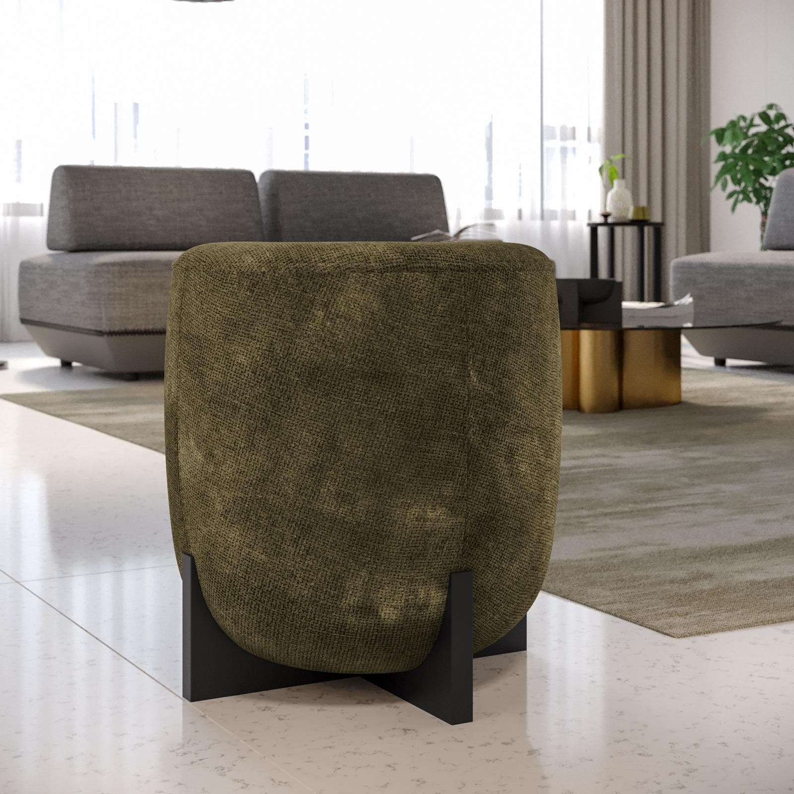 Pouf 41 cm in tessuto ciniglia verde con base in legno nero - Hartley