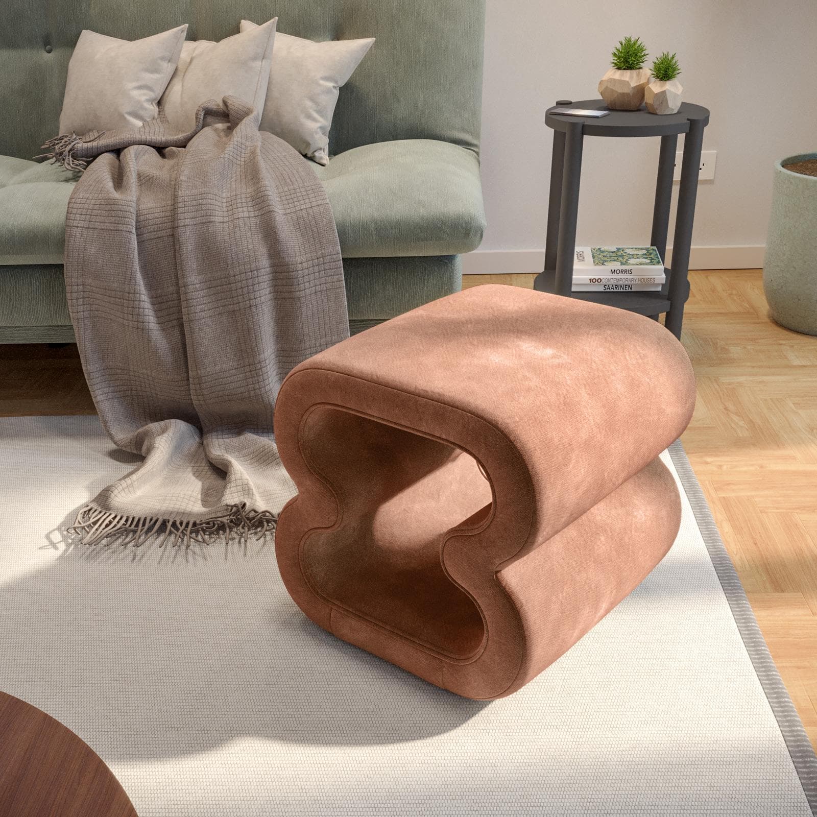 Pouf 45x42 cm in tessuto a trama sottile terracotta con design astratto - Everett